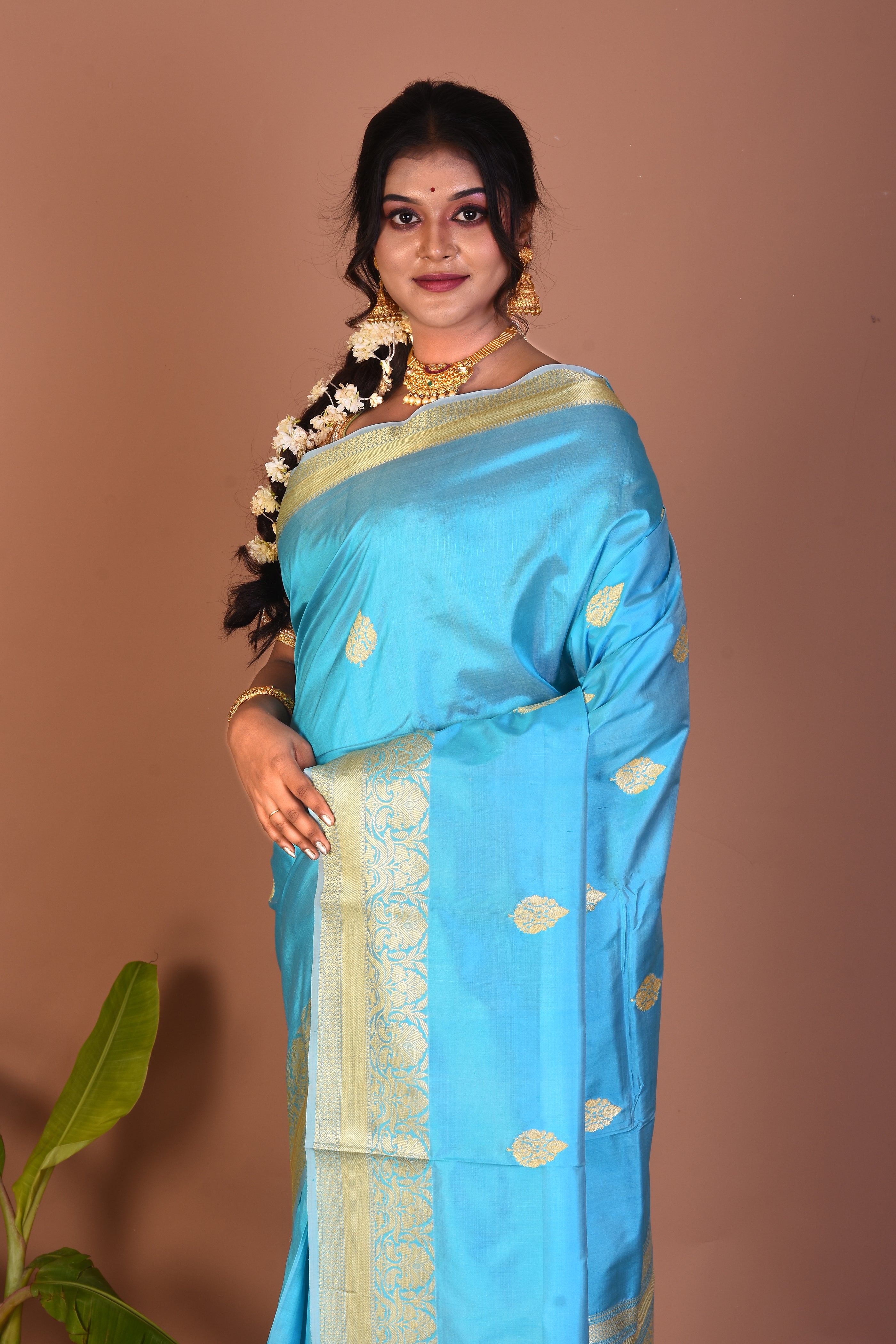 Sky Blue Pure Katan Saree - Keya Seth Exclusive