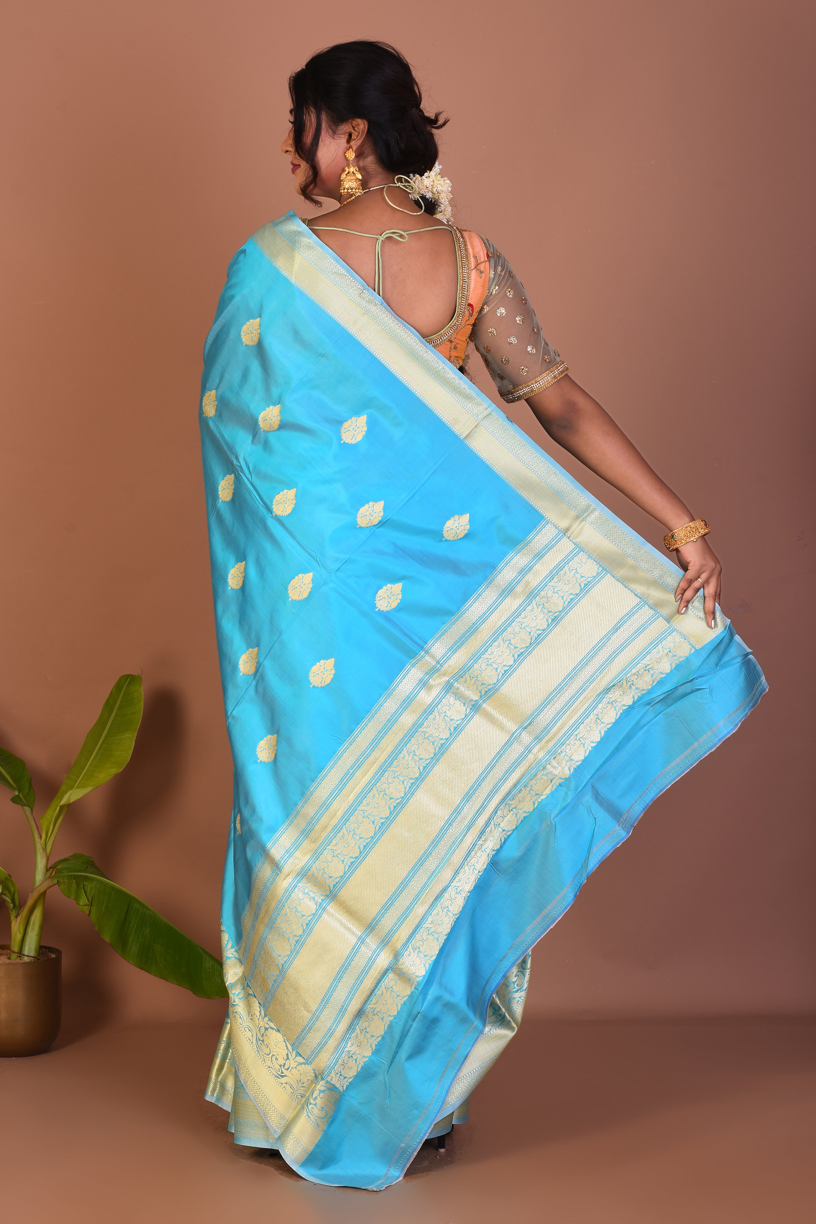 Sky Blue Pure Katan Saree - Keya Seth Exclusive