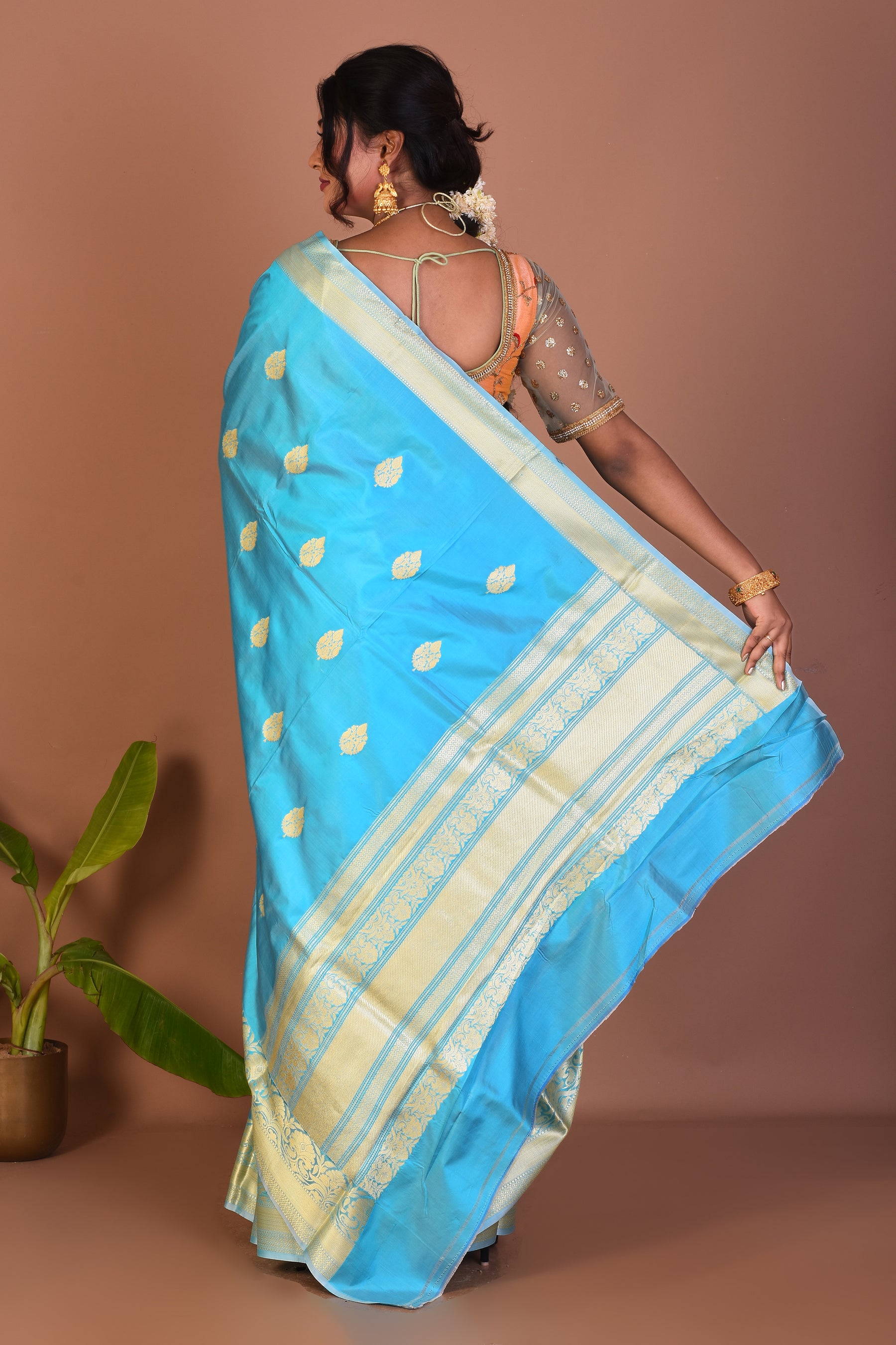 Sky Blue Pure Katan Saree - Keya Seth Exclusive