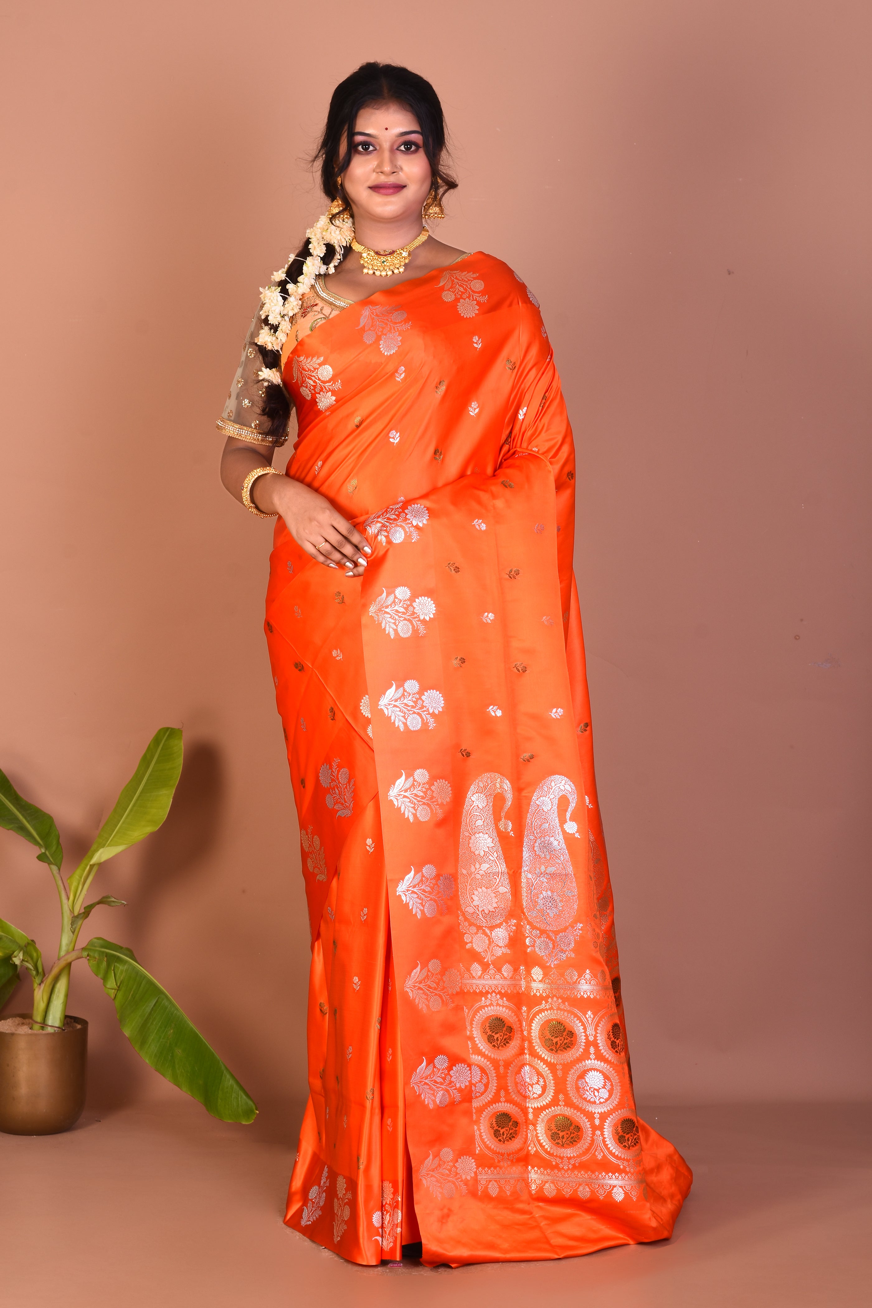 Orange Blended Satin Silk Saree - Keya Seth Exclusive