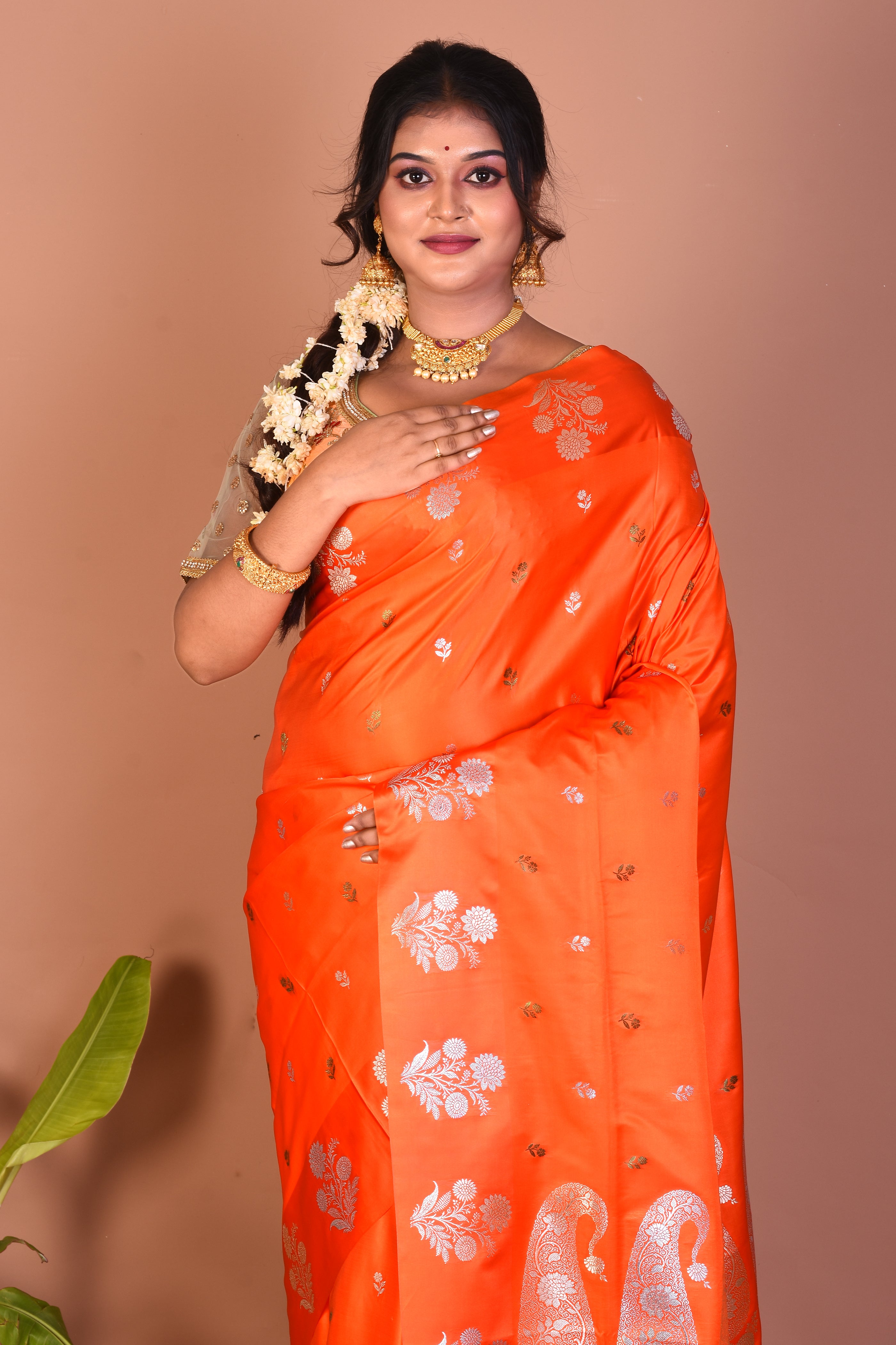 Orange Blended Satin Silk Saree - Keya Seth Exclusive