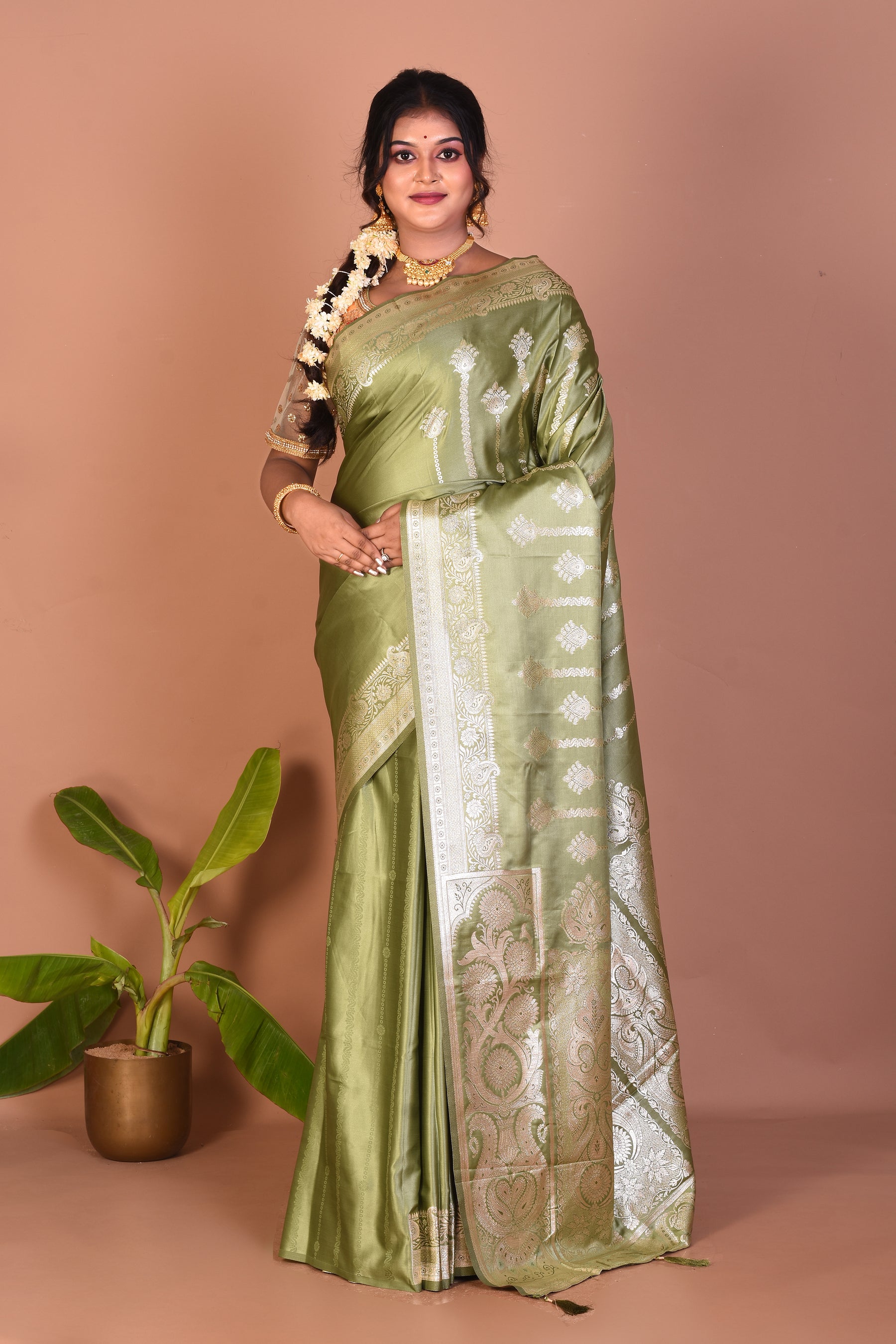 Green Blended Satin Silk Saree - Keya Seth Exclusive
