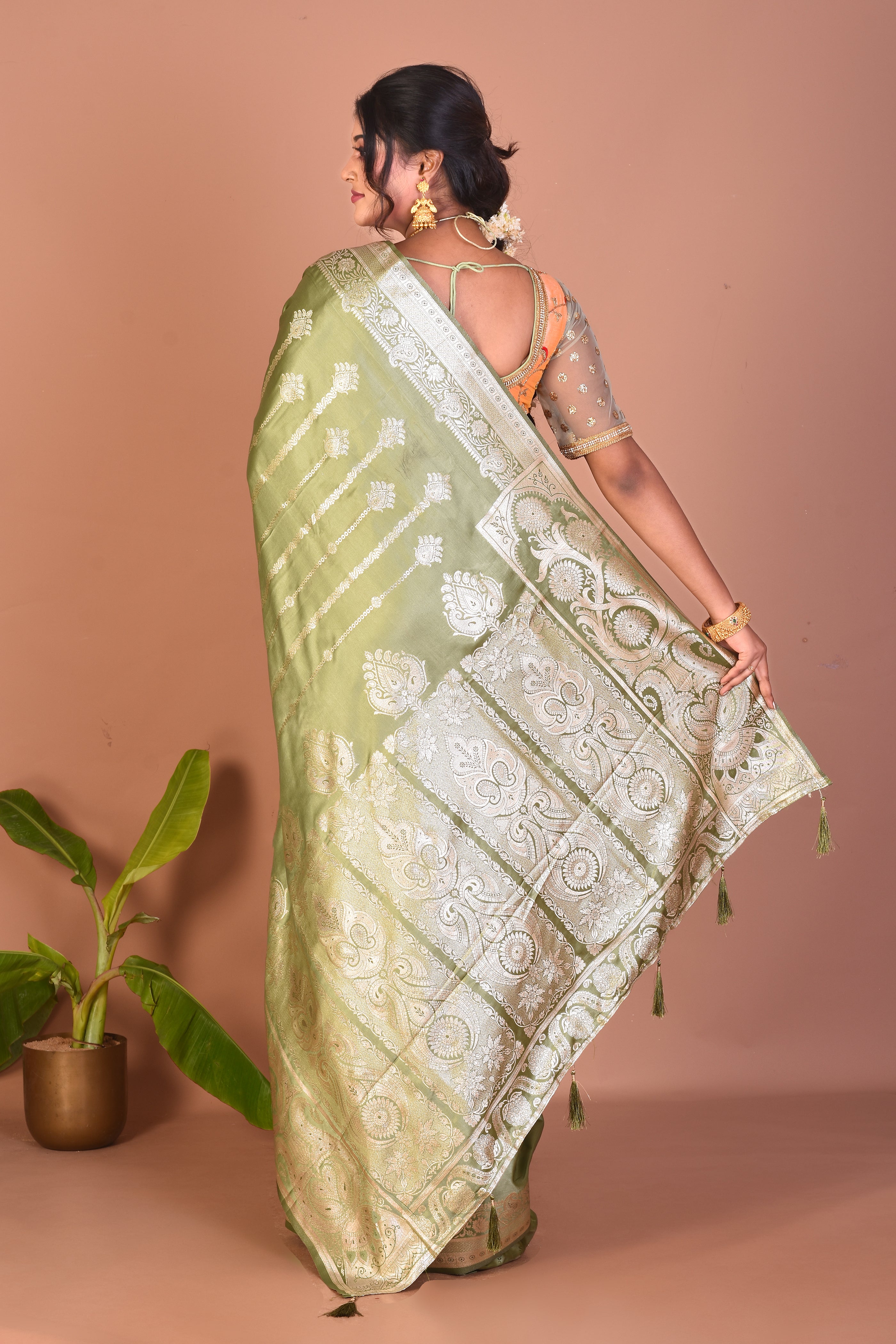 Green Blended Satin Silk Saree - Keya Seth Exclusive