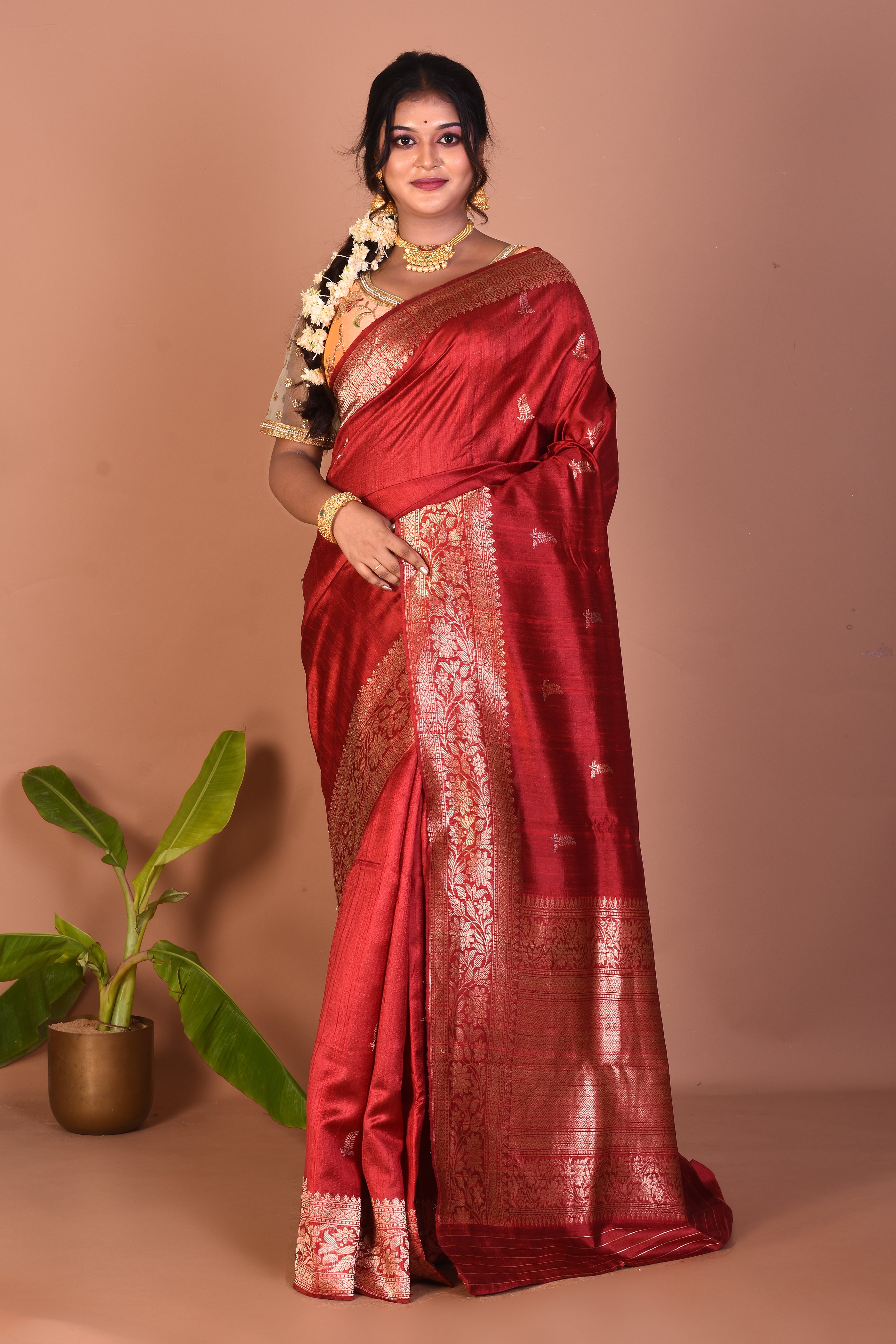 Maroon Pure Tussar Saree - Keya Seth Exclusive