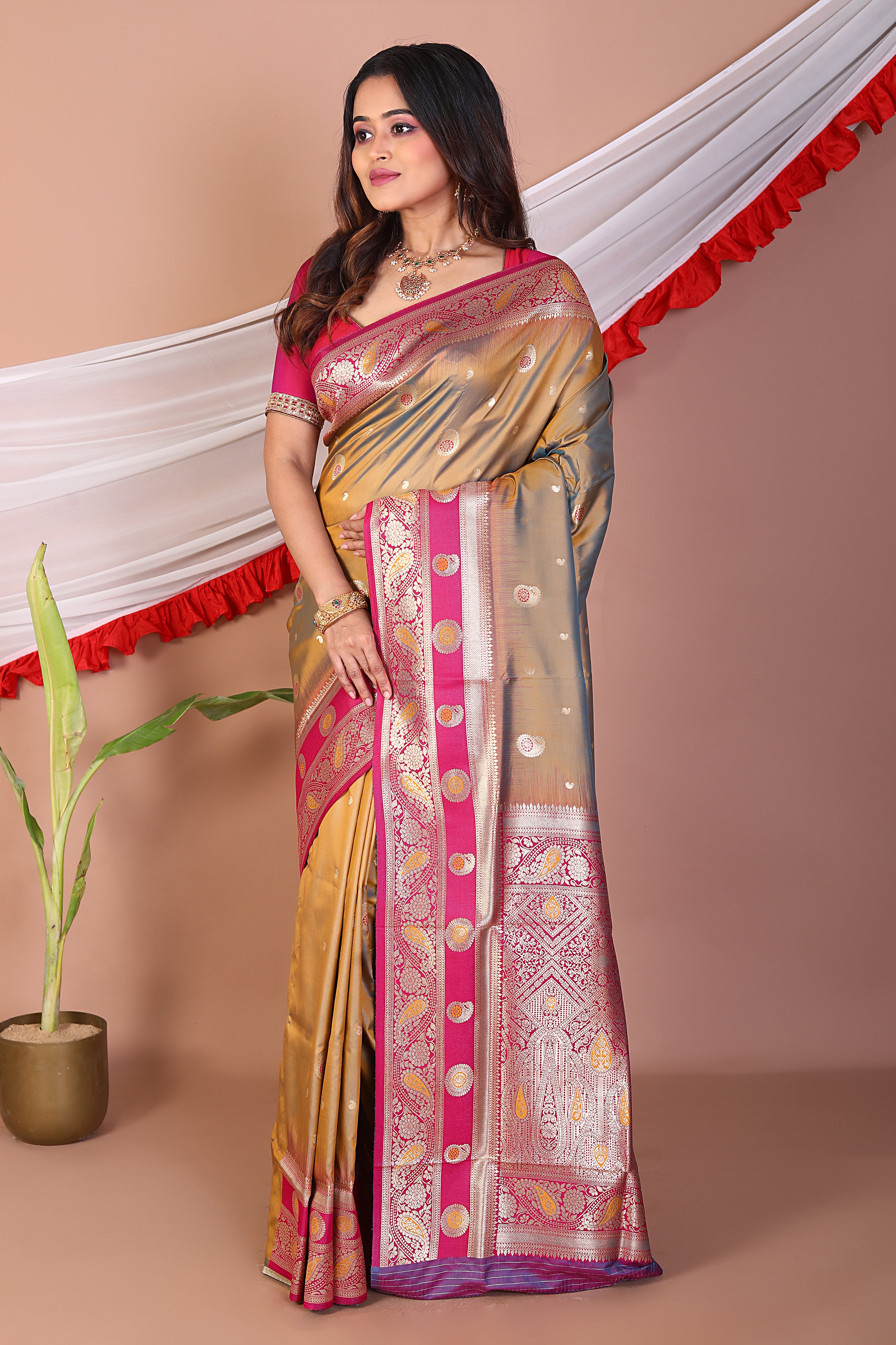 Dual Tone Mustard Blended Mashru Silk Saree - Keya Seth Exclusive