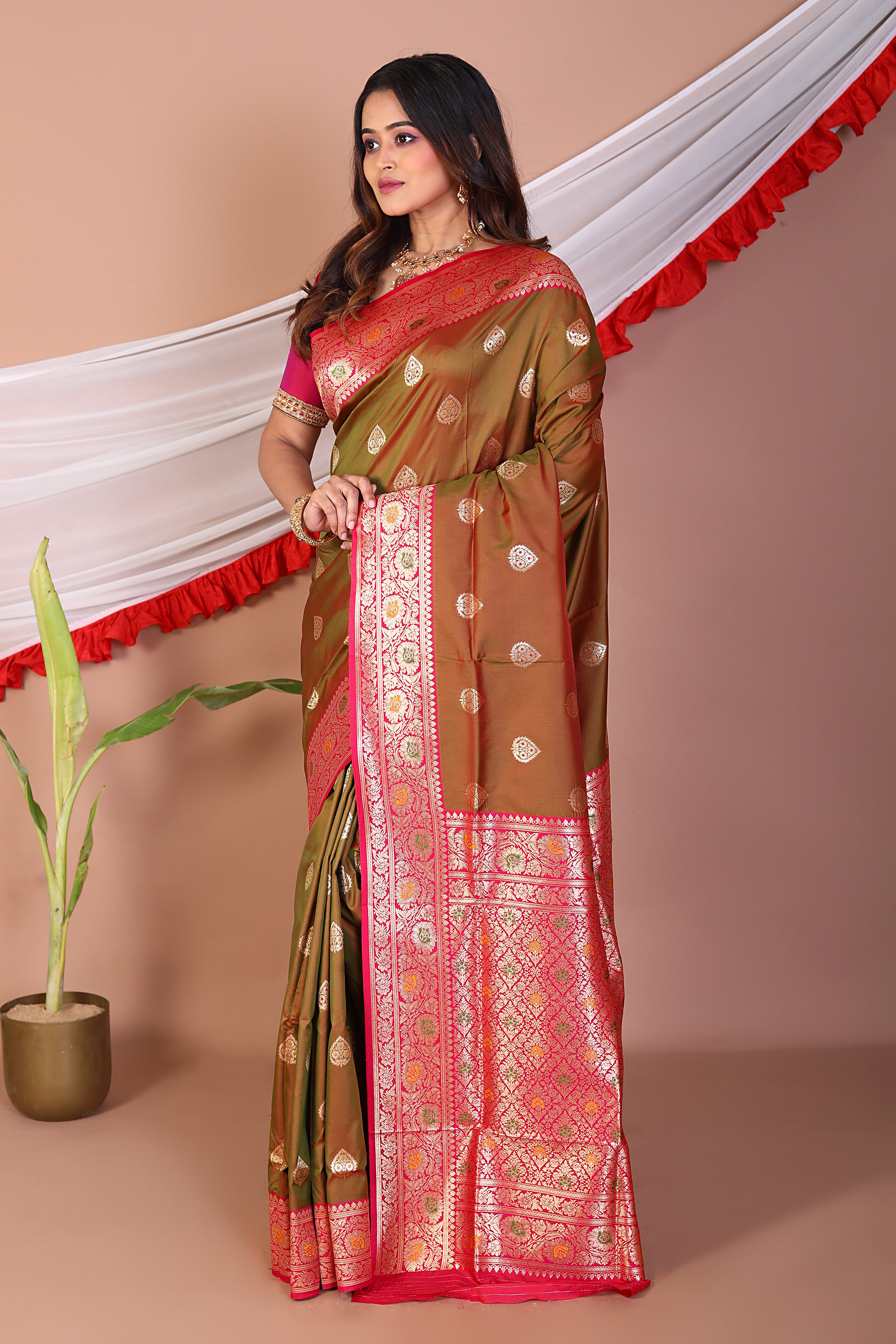 Olive Blended Mashru Silk Saree - Keya Seth Exclusive