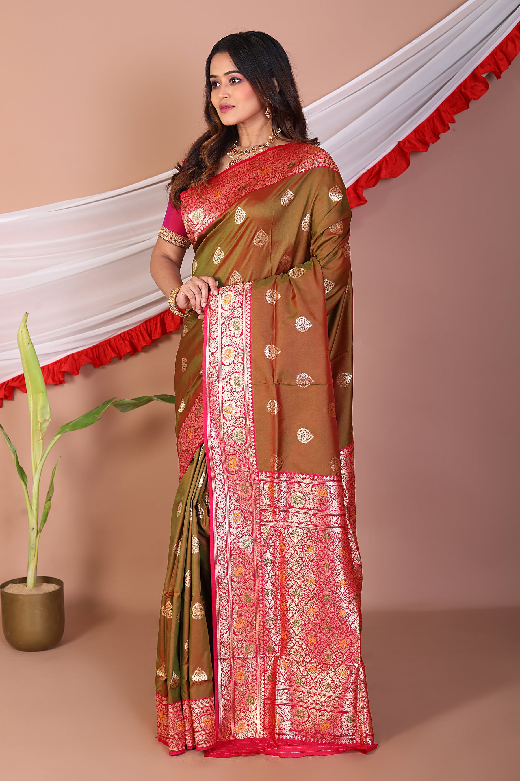 Olive Blended Mashru Silk Saree - Keya Seth Exclusive