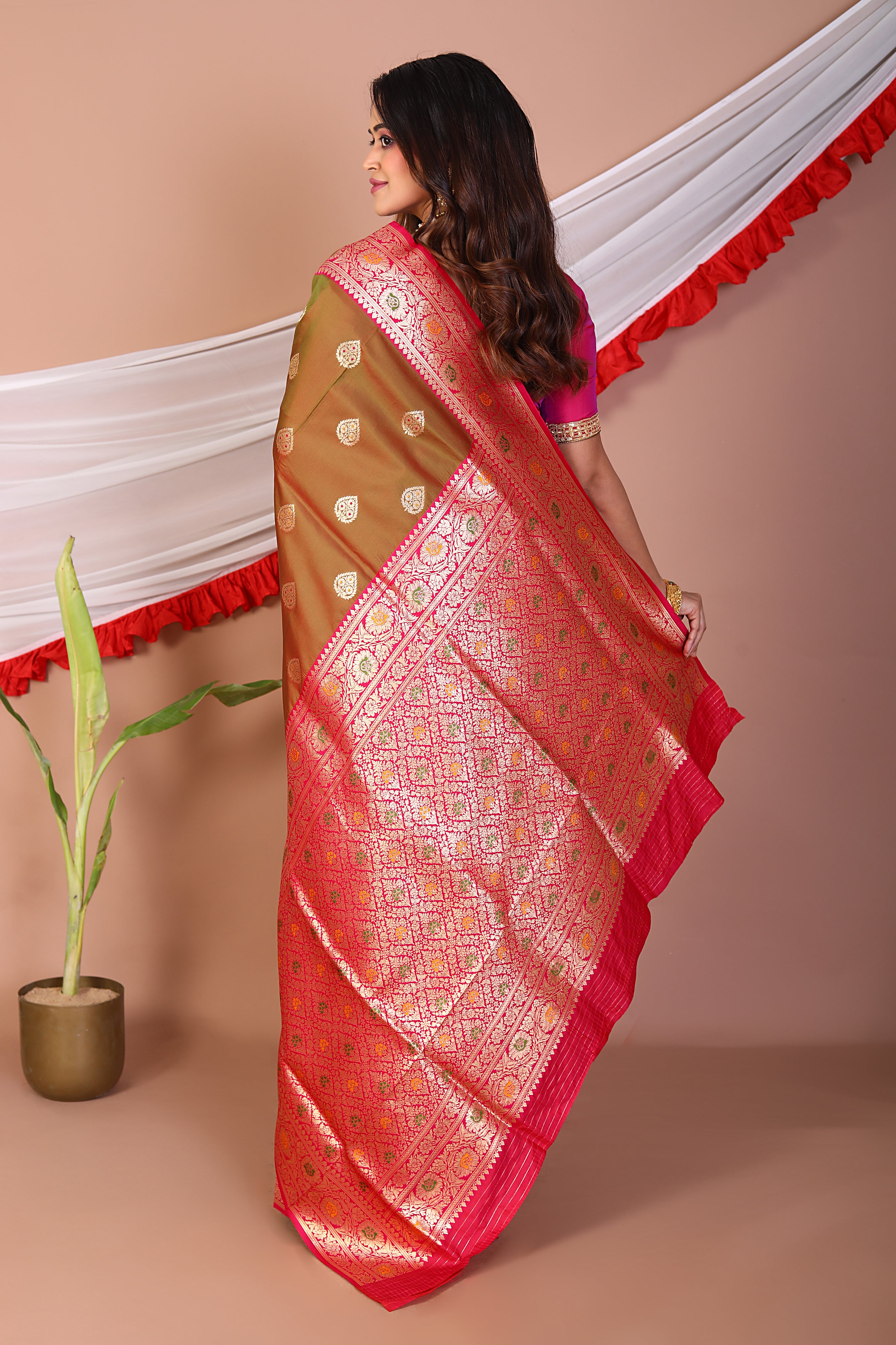 Olive Blended Mashru Silk Saree - Keya Seth Exclusive