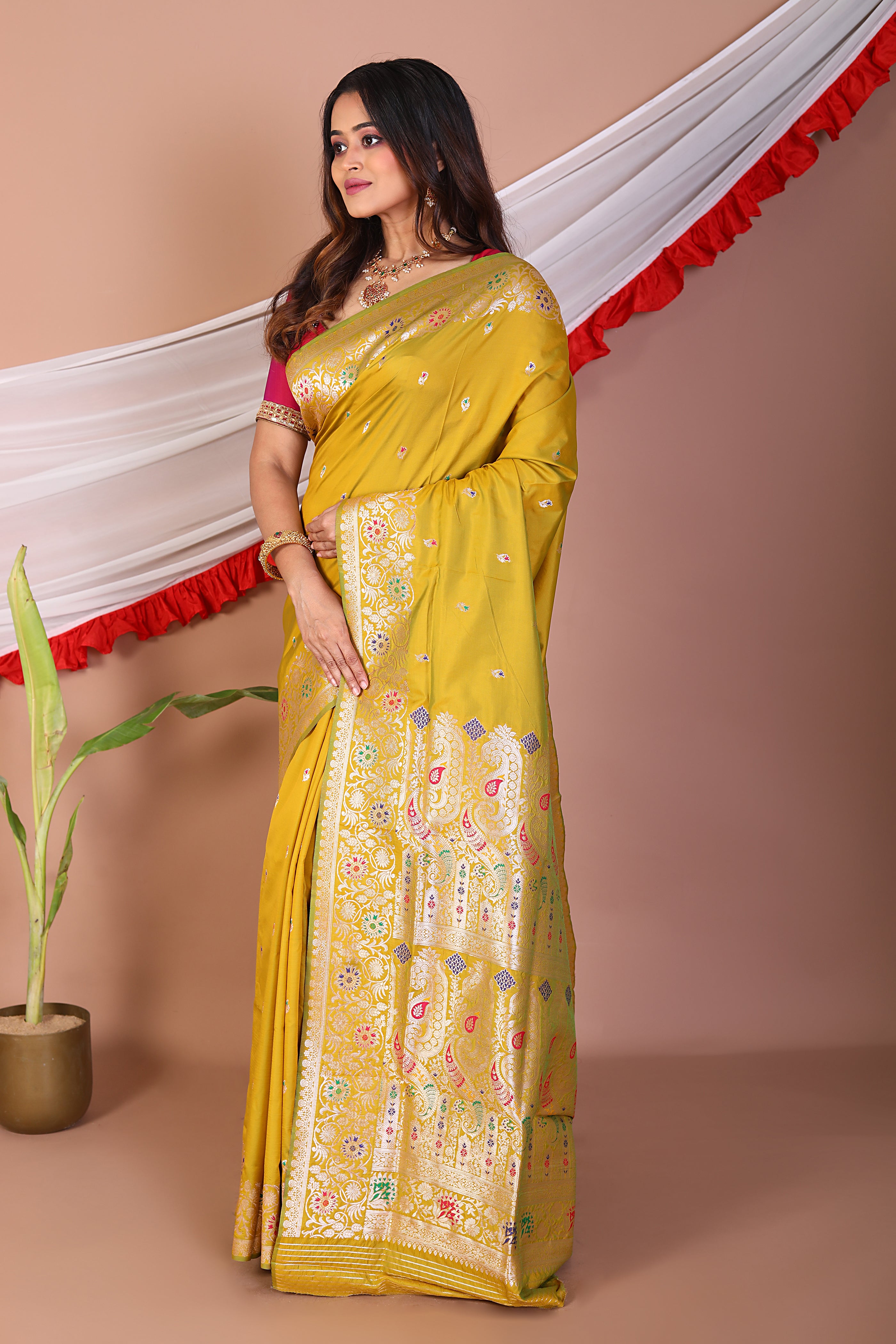 Yellow Blended Mashru Silk Saree - Keya Seth Exclusive