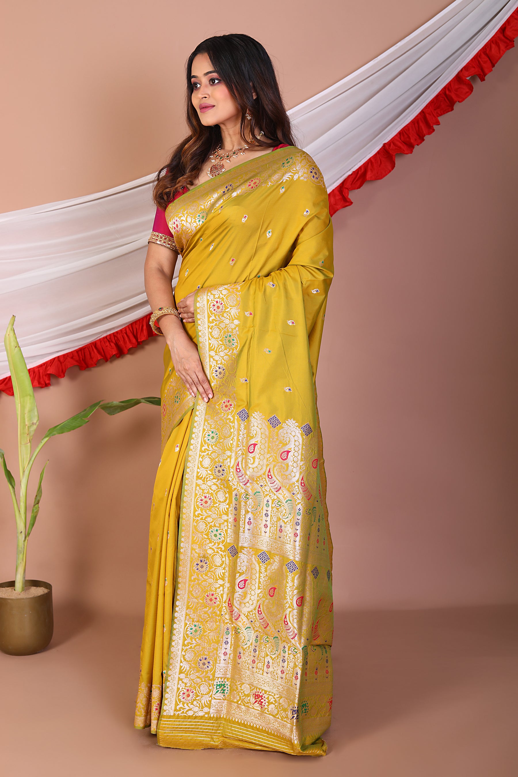 Yellow Blended Mashru Silk Saree - Keya Seth Exclusive