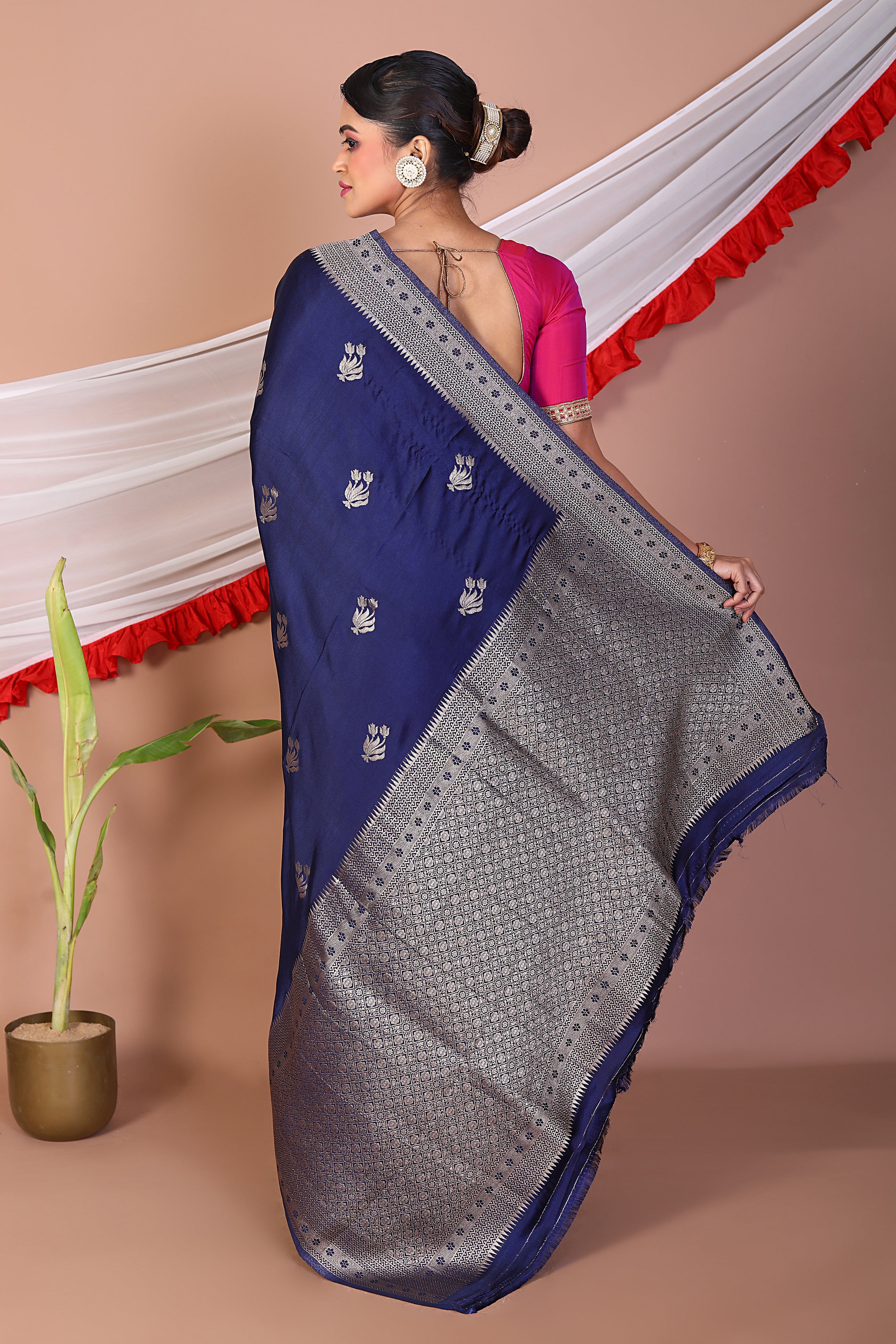 Navy Blue Blended Mashru Silk Saree - Keya Seth Exclusive