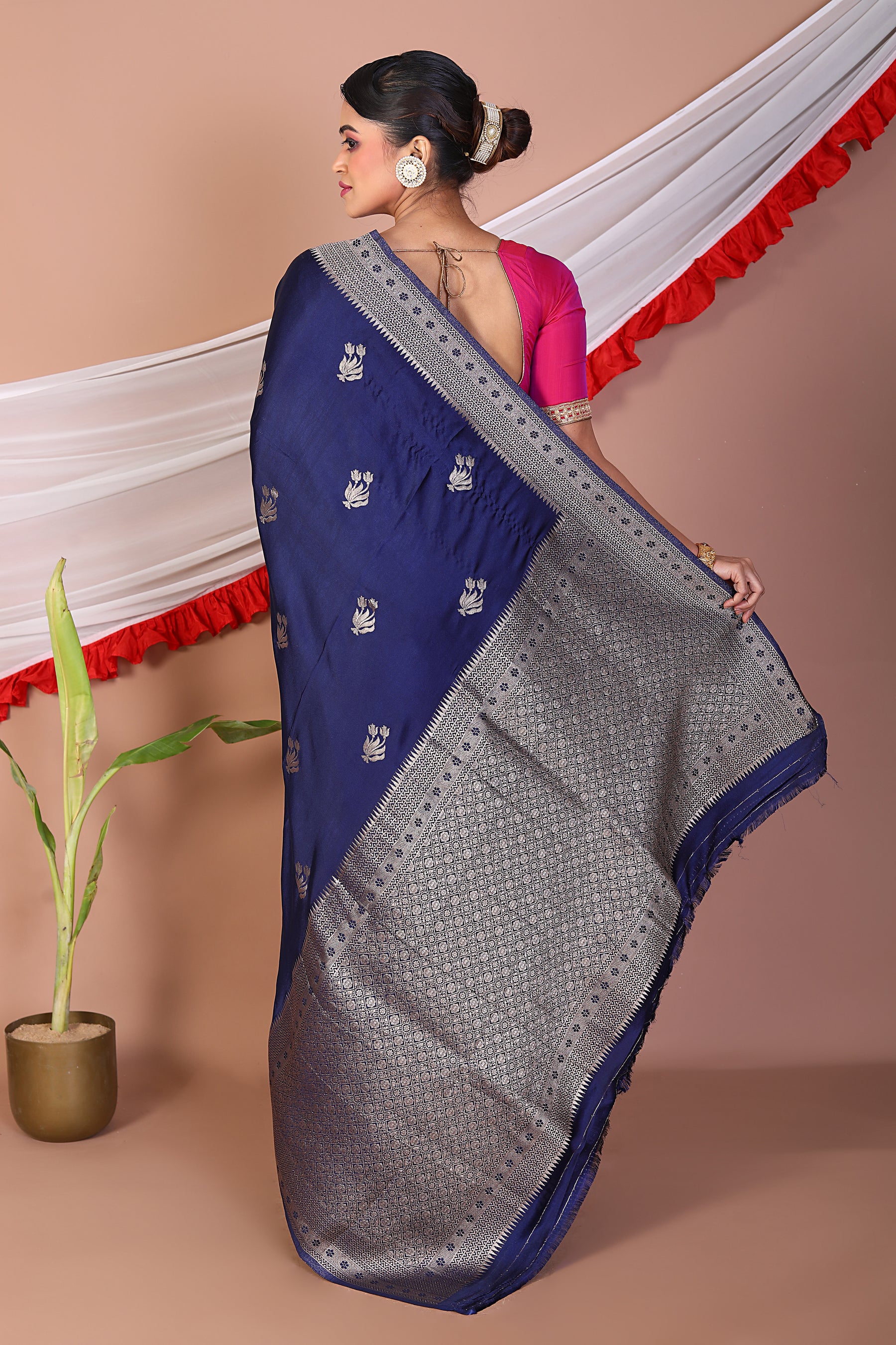 Navy Blue Blended Mashru Silk Saree - Keya Seth Exclusive