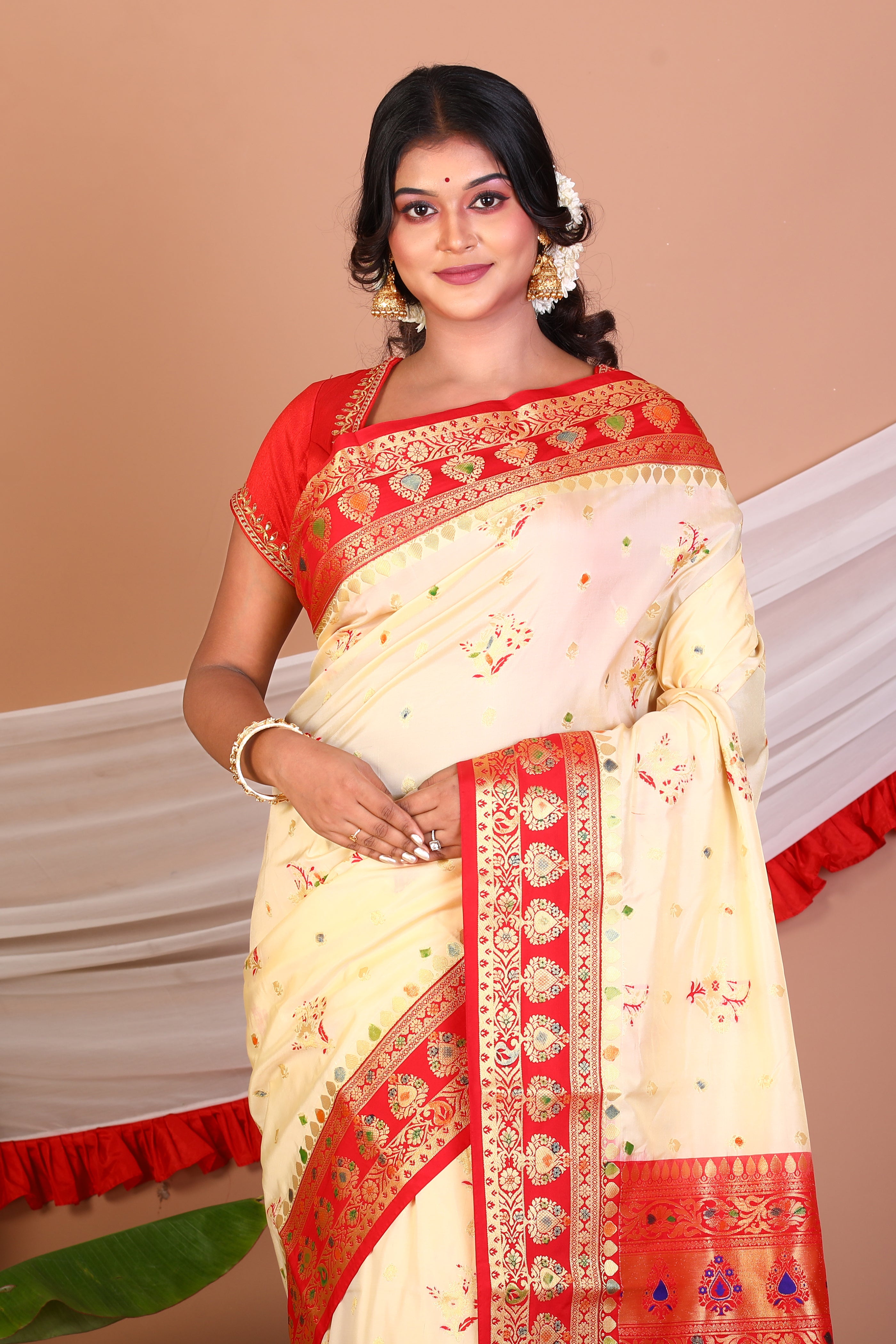 Offwhite and Red Blended Katan Silk Saree - Keya Seth Exclusive