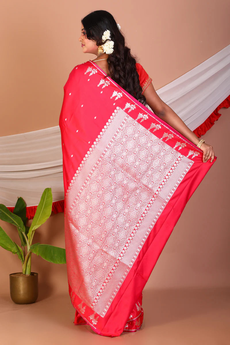 Bright Red Blended Mashru Silk Saree - Keya Seth Exclusive