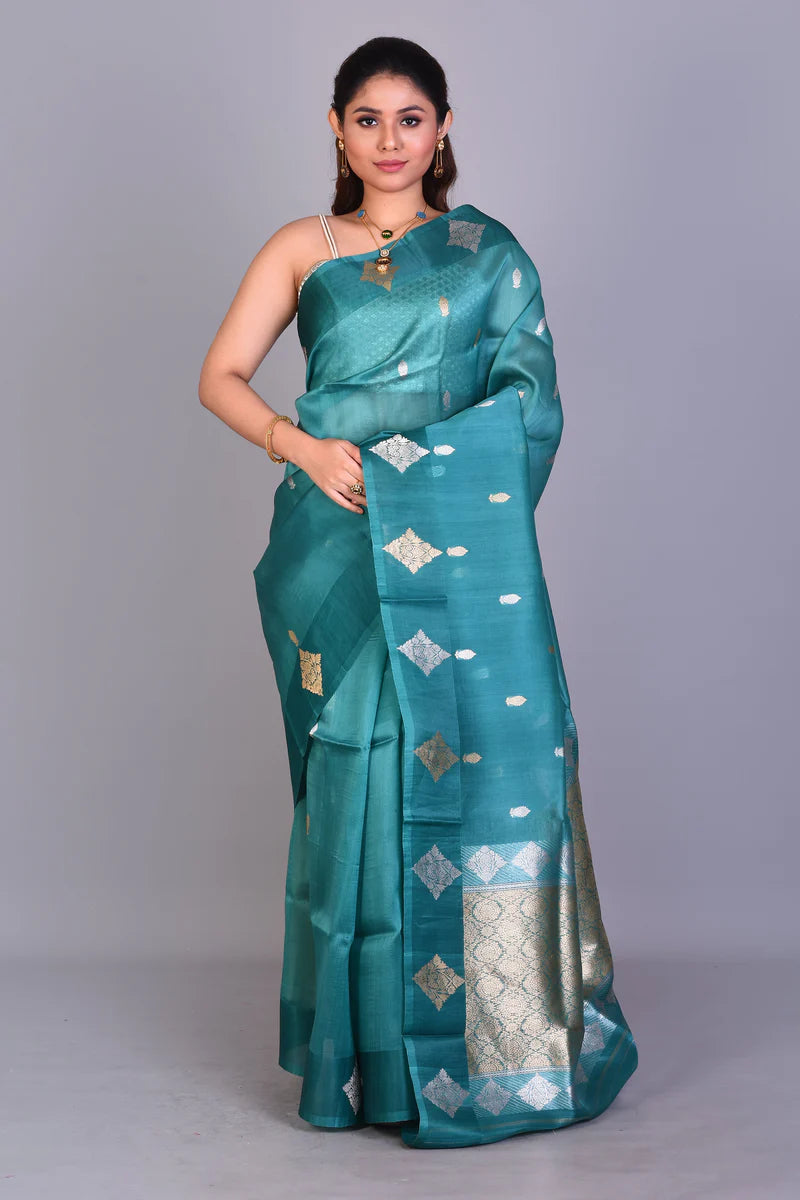 Rama Green Pure Kora Saree with Blouse Piece - Keya Seth Exclusive