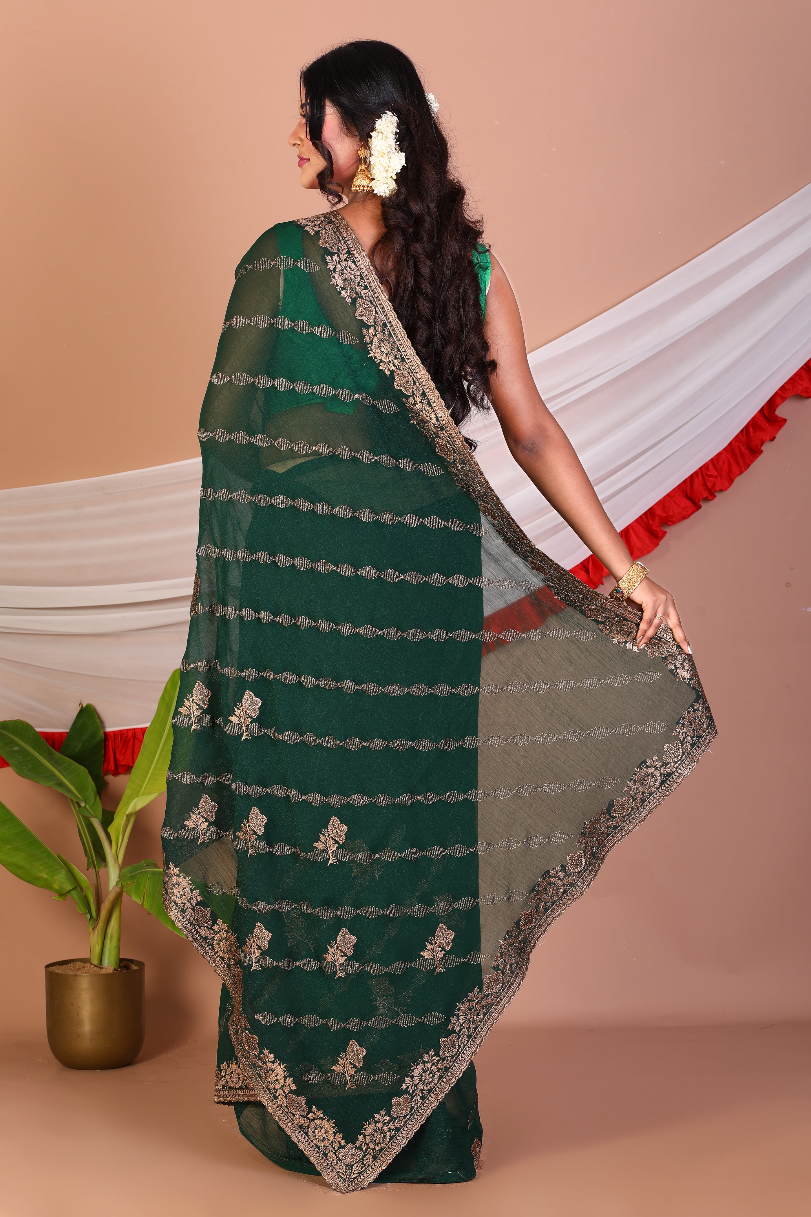 Bottle Green Blended Khaddi Saree - Keya Seth Exclusive