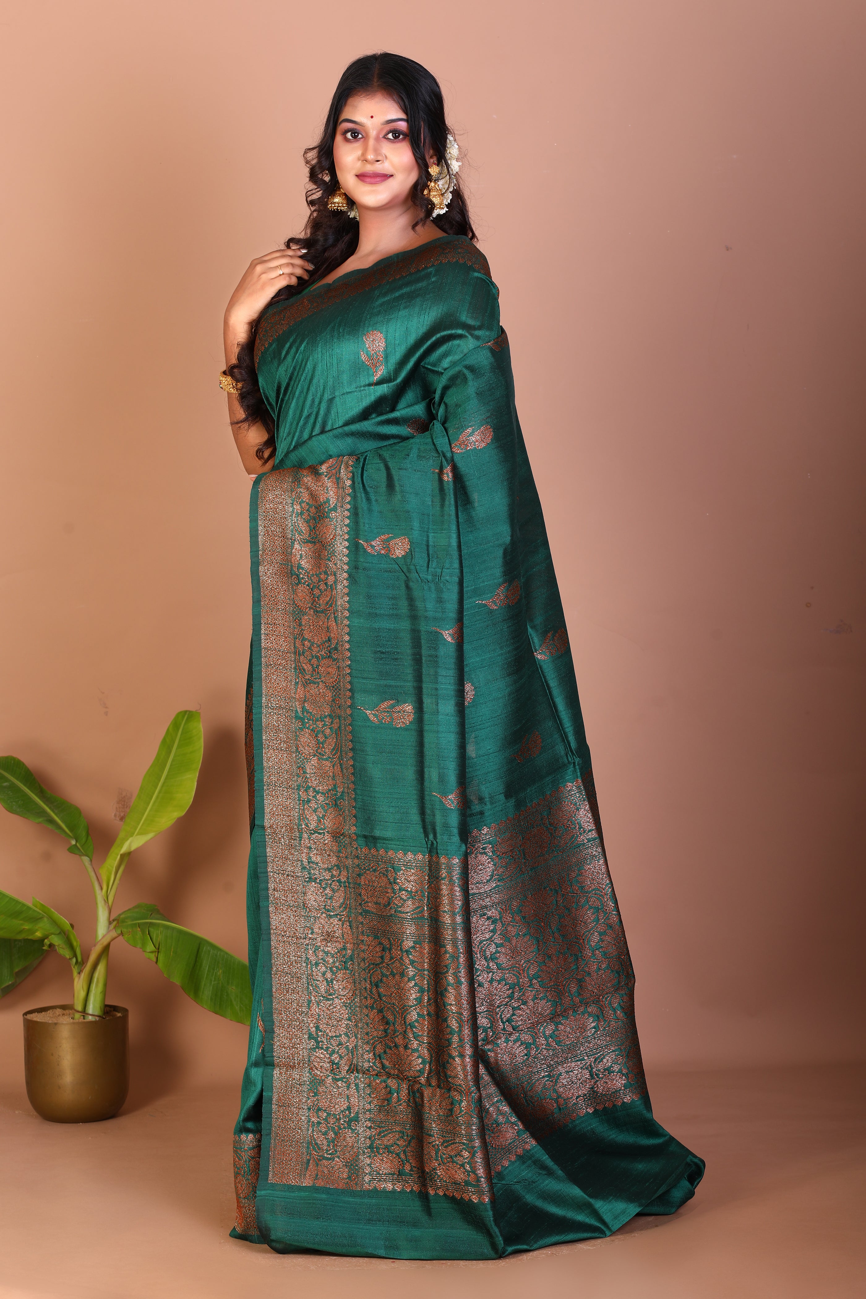 Bottle Green Pure Tussar Saree - Keya Seth Exclusive