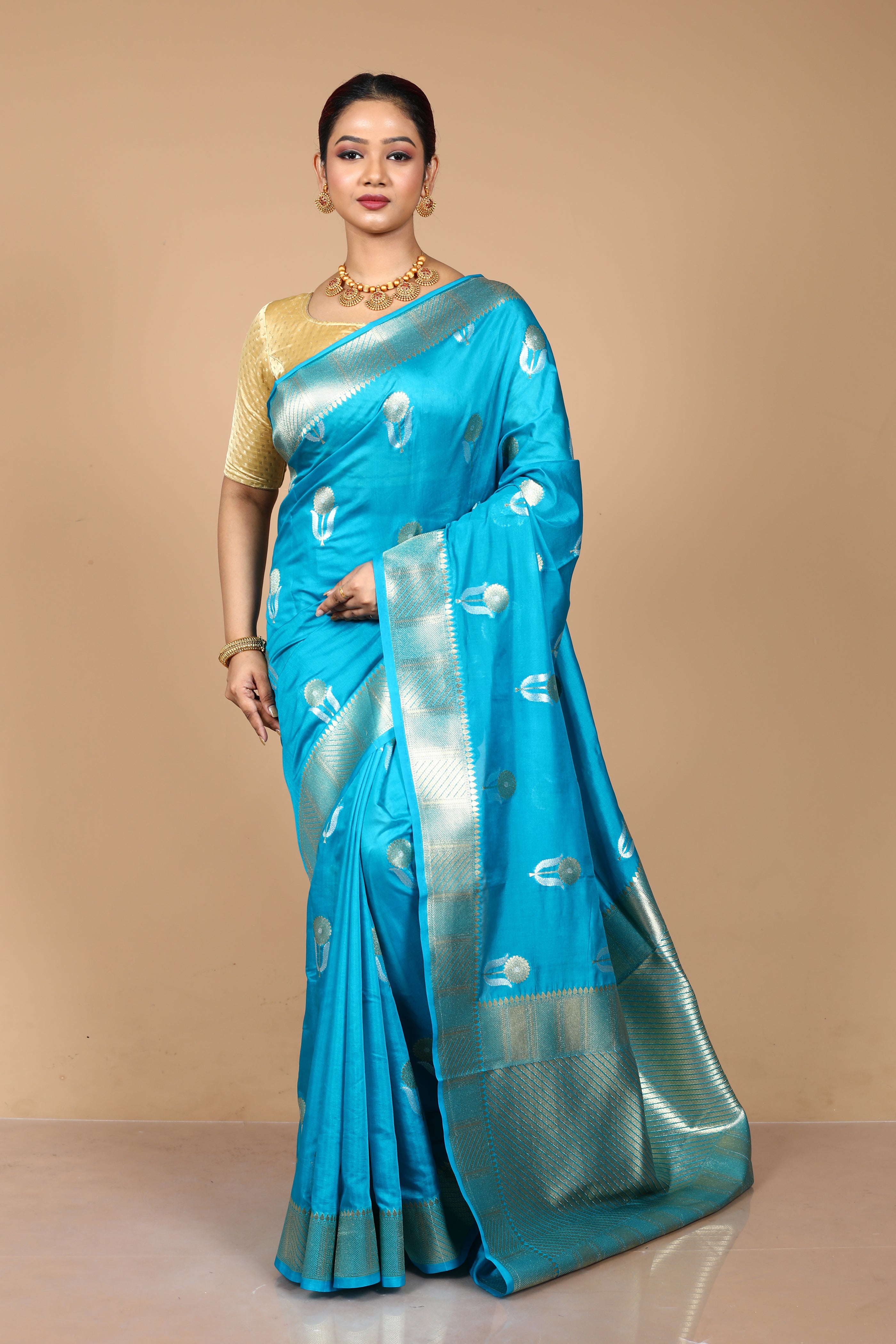 Blue Blended Blended Silk Saree with Blouse Piece