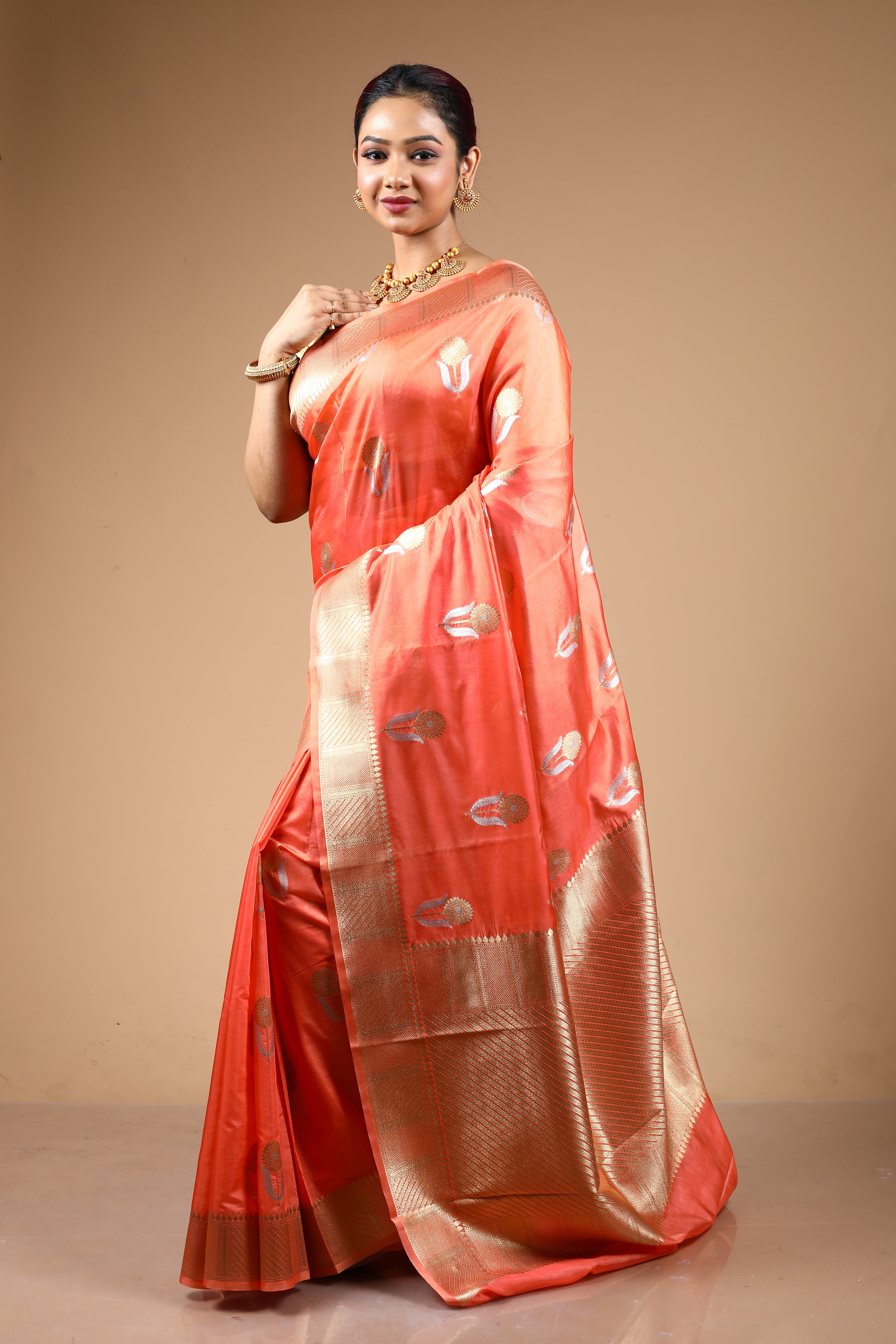 Peach Blended Blended Silk Saree