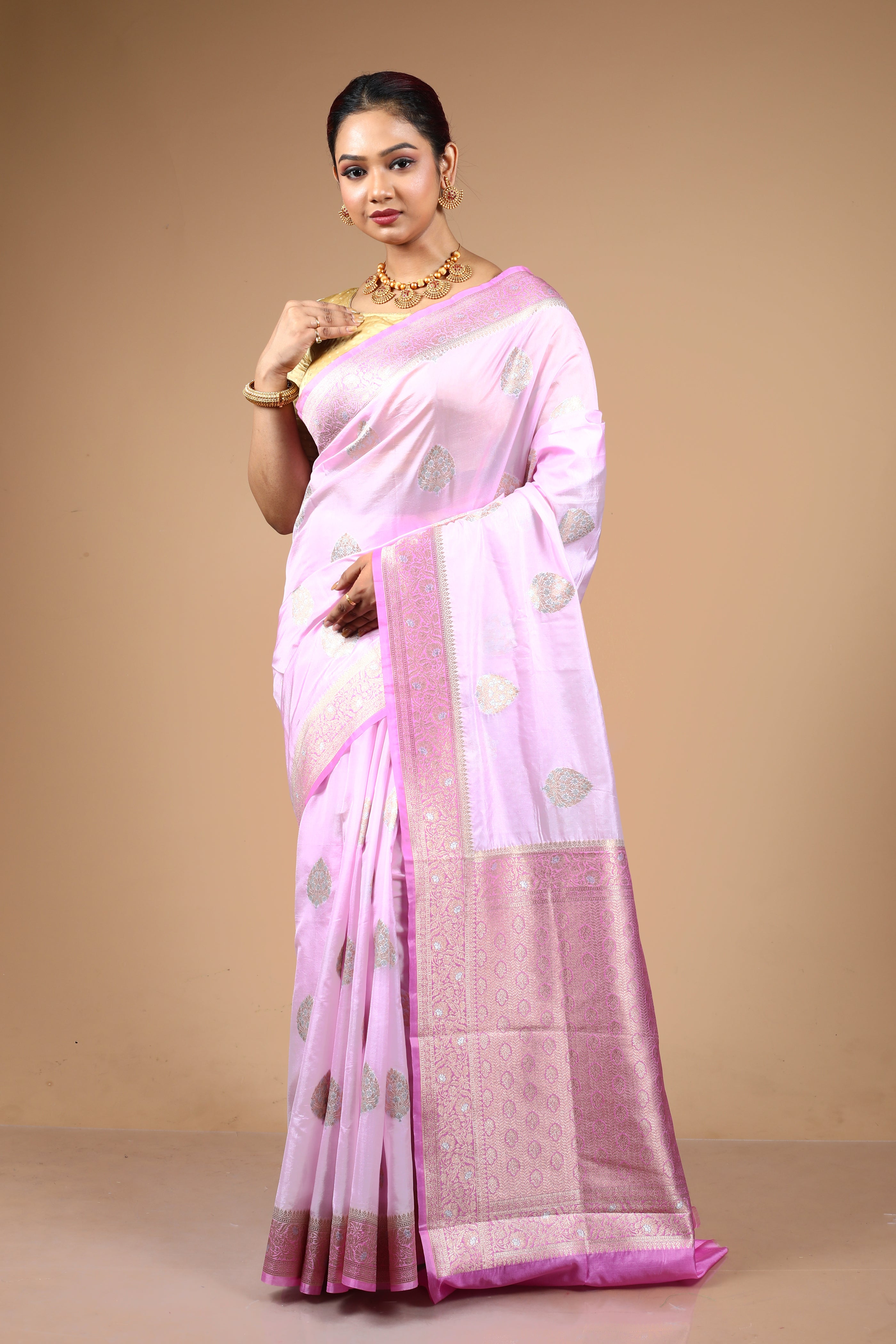 Pink Blended Blended Silk Saree