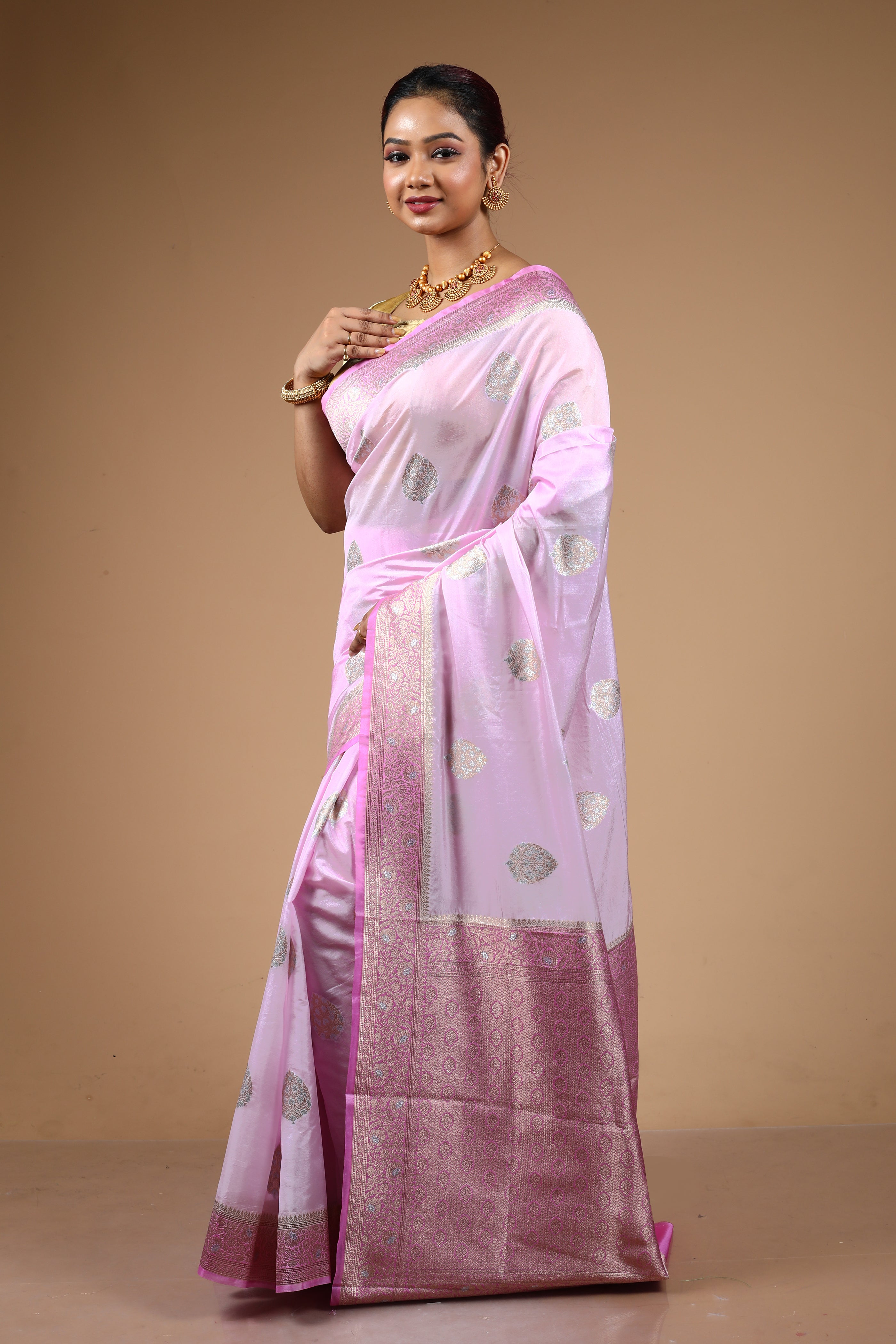 Pink Blended Blended Silk Saree