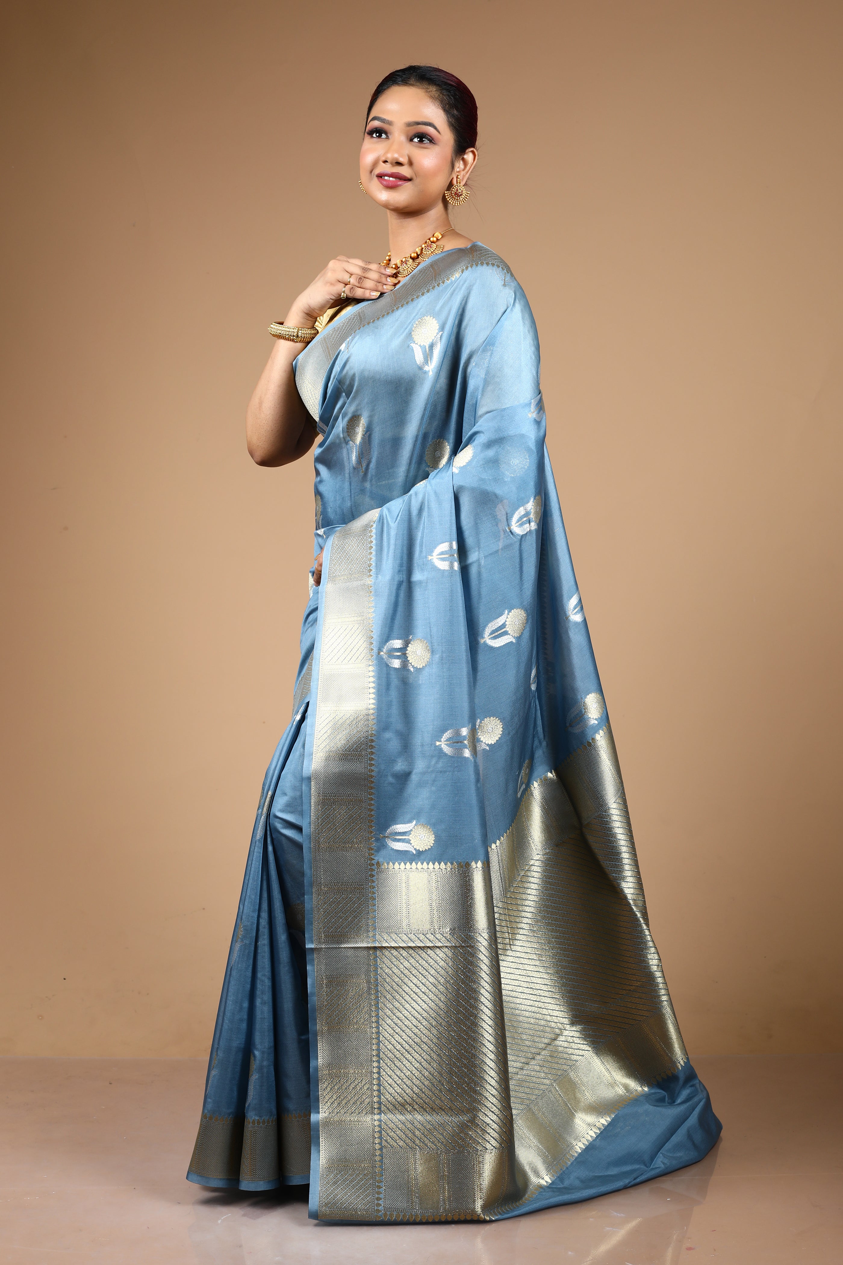 Grey Blended Blended Silk Saree
