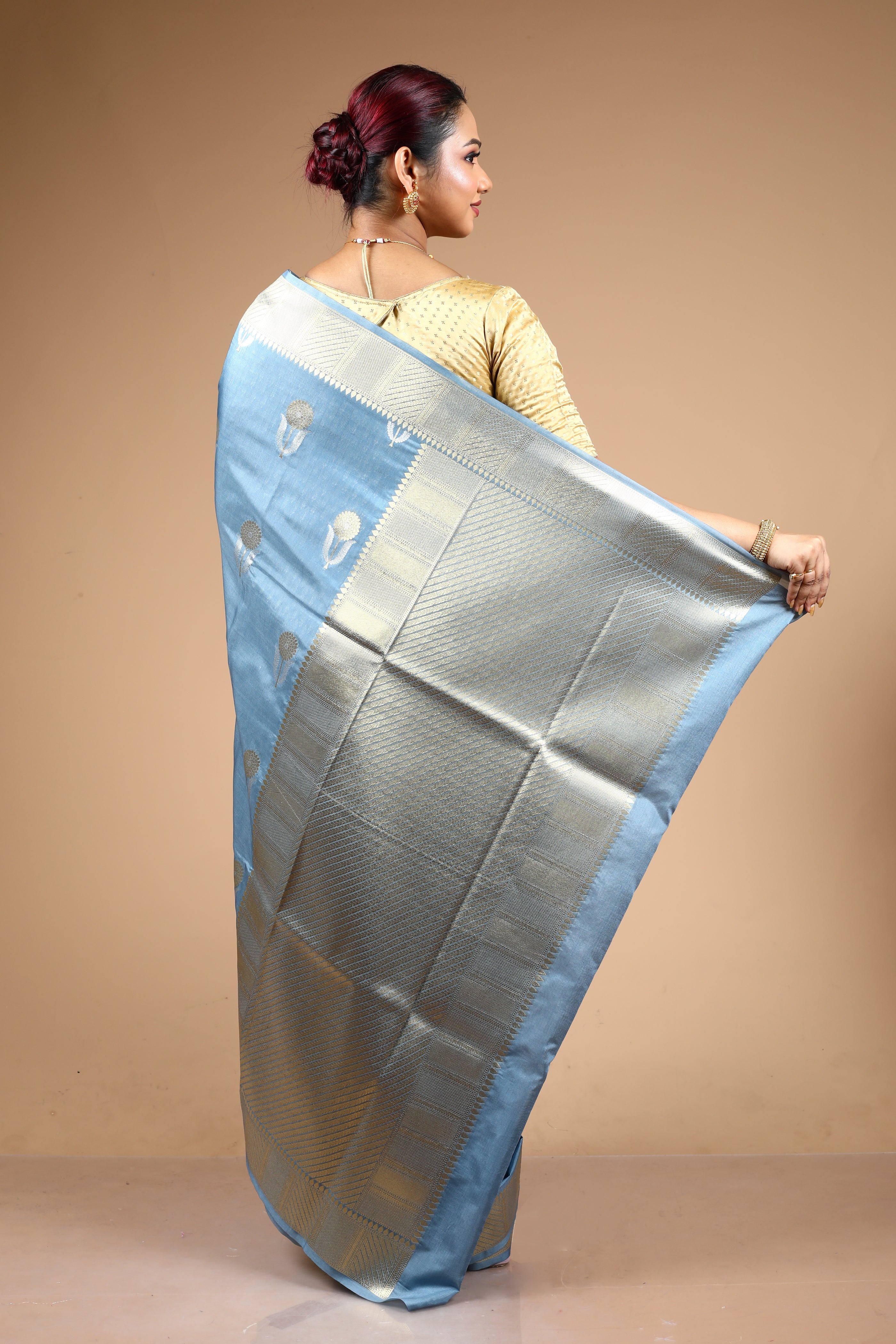 Grey Blended Blended Silk Saree