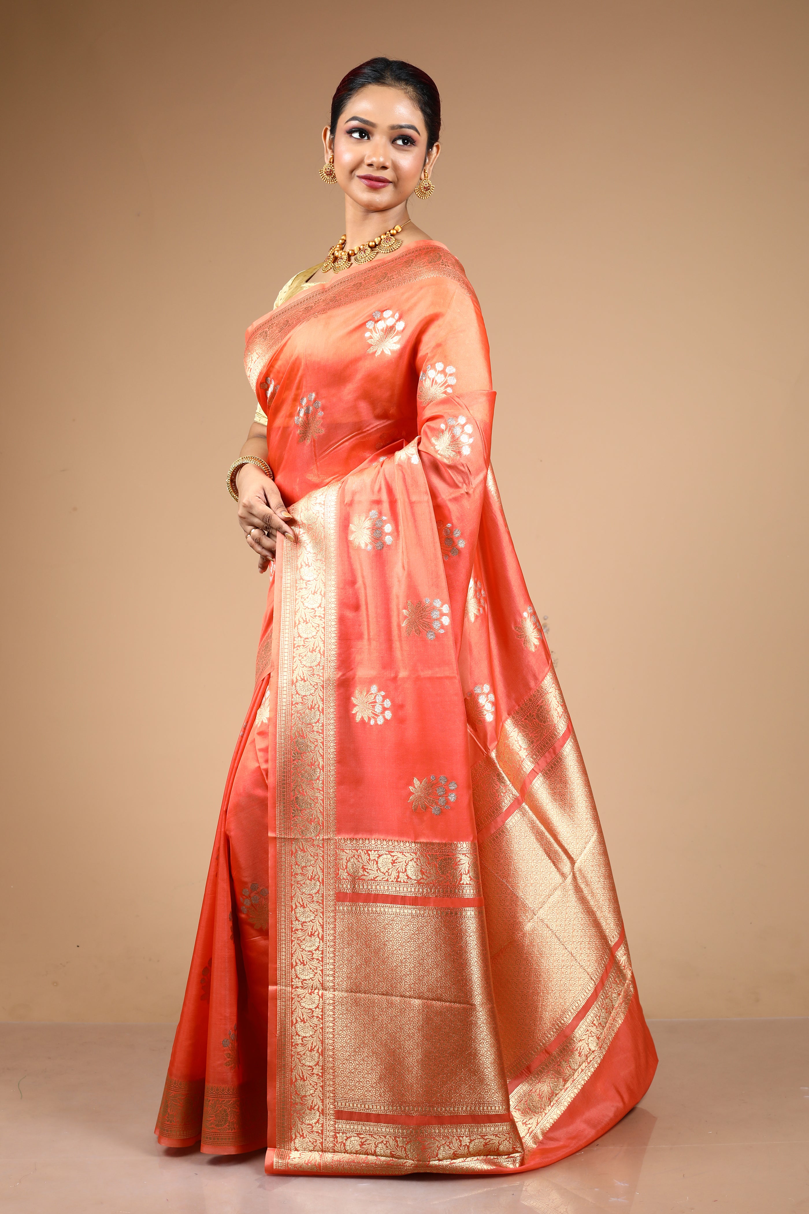 Peach Blended Blended Silk Saree