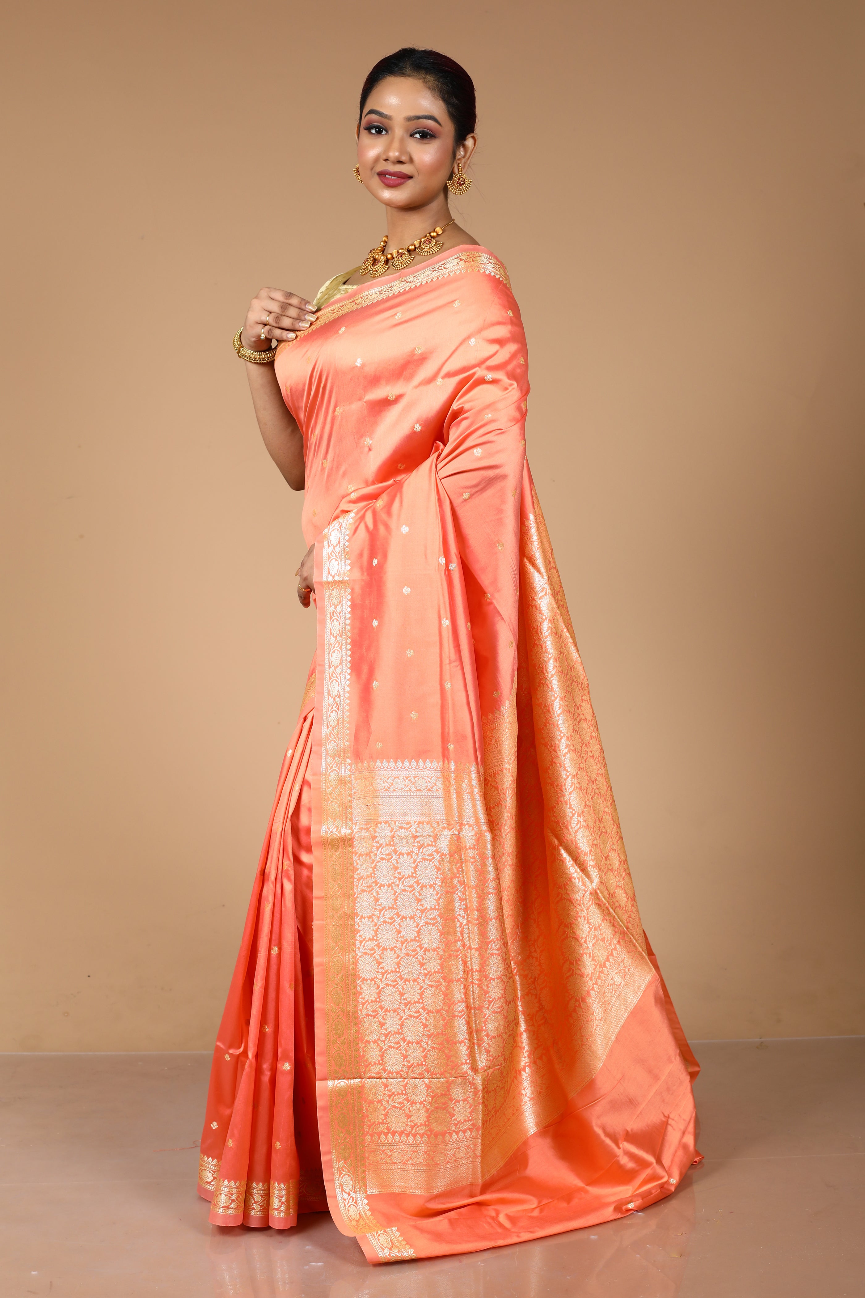 Peach Katan Semi Katan Saree