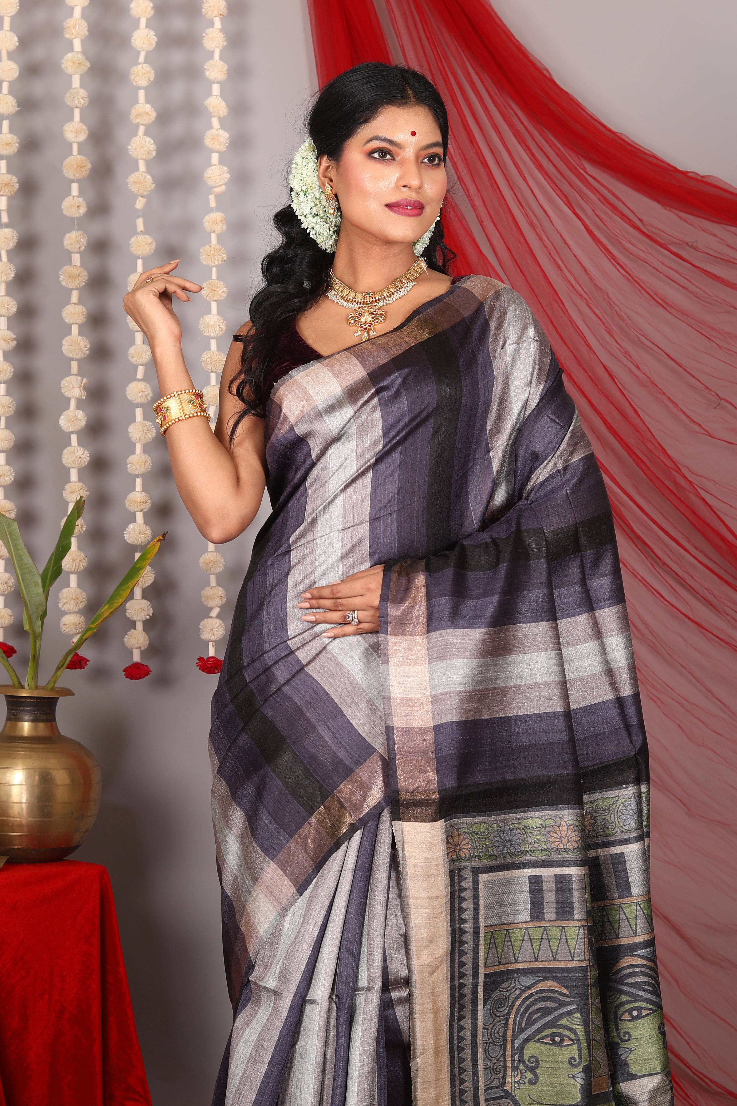 Black Pure Tussar Saree - Keya Seth Exclusive