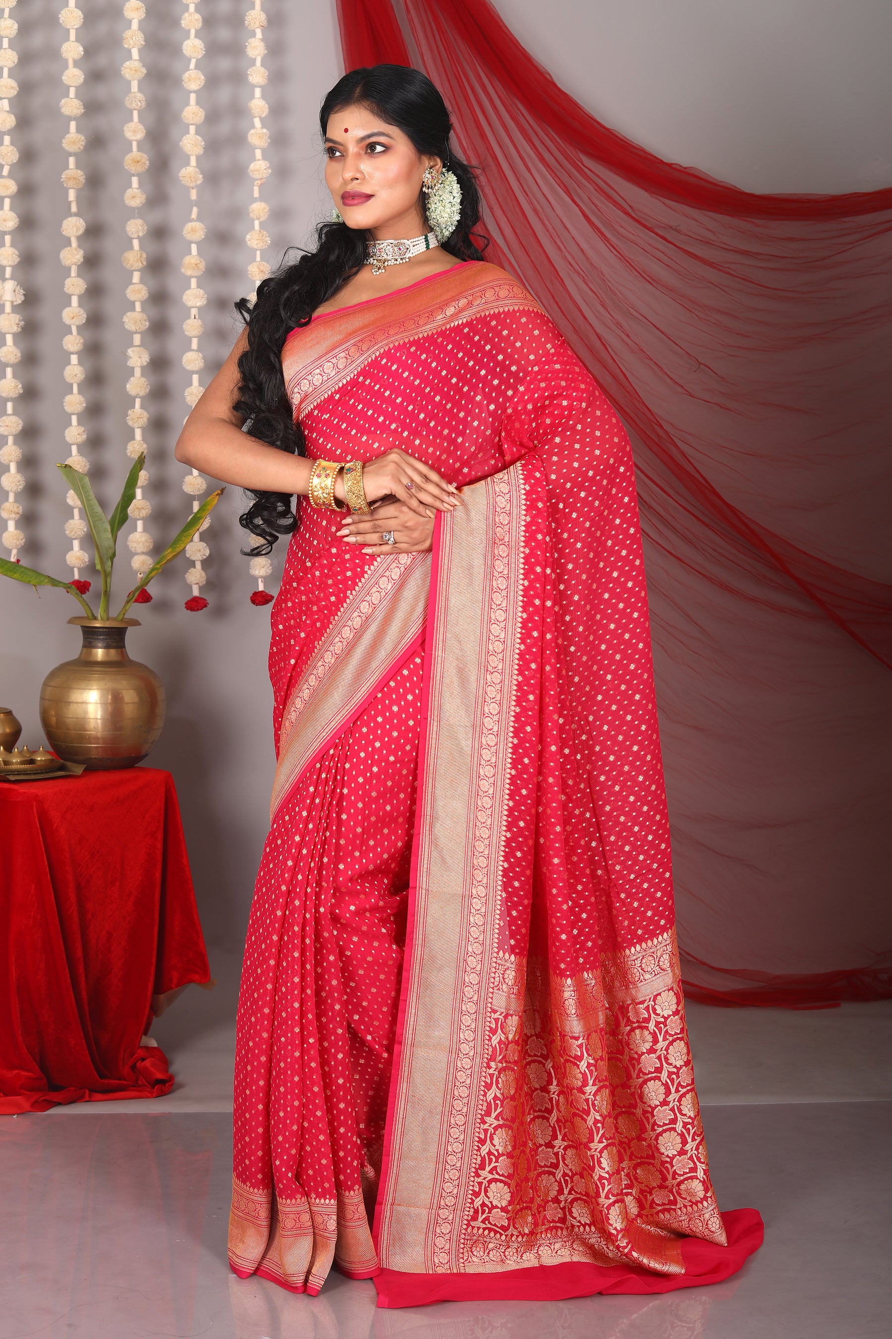 Red Pure Khaddi Saree - Keya Seth Exclusive