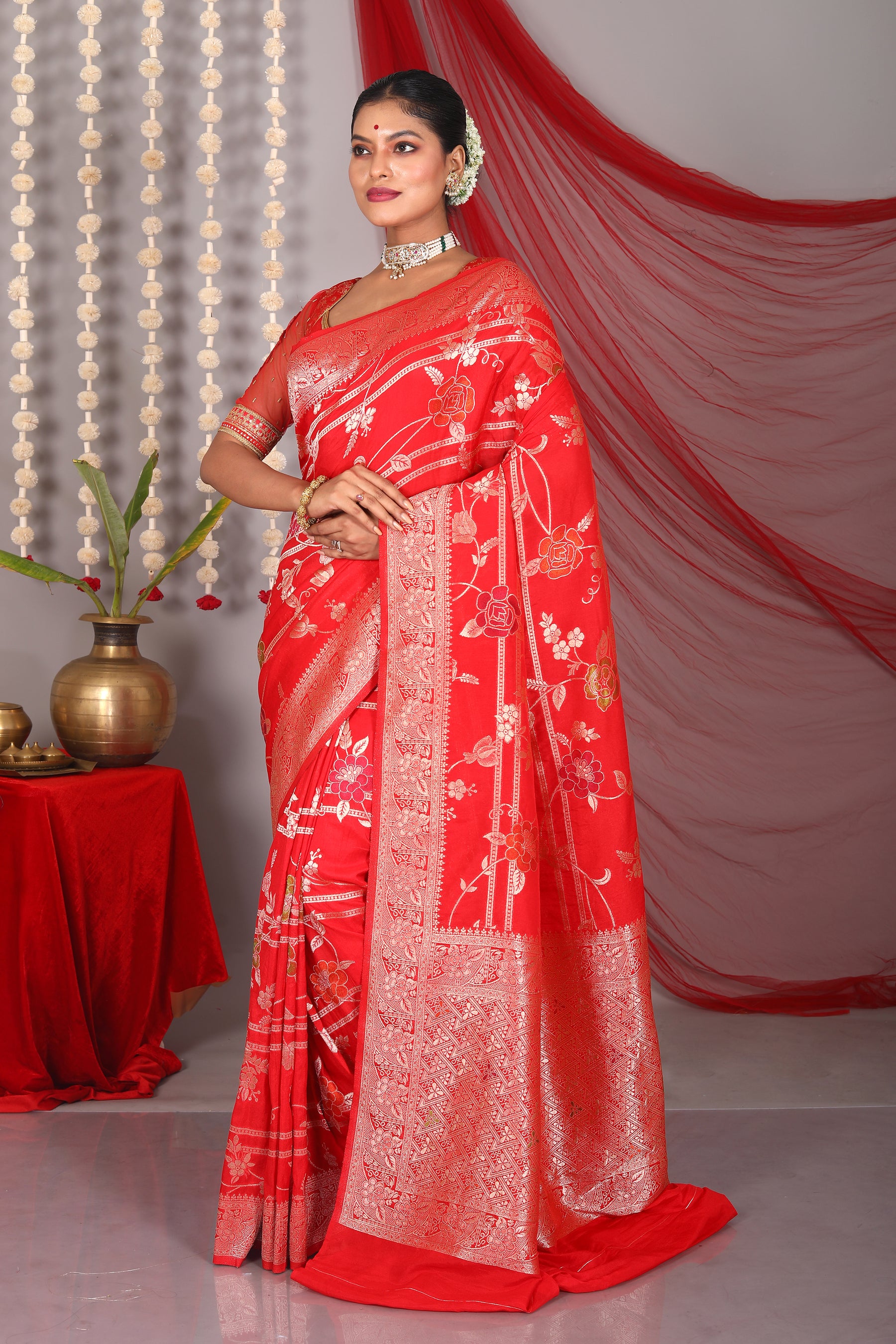 Red Blended Khaddi Saree - Keya Seth Exclusive