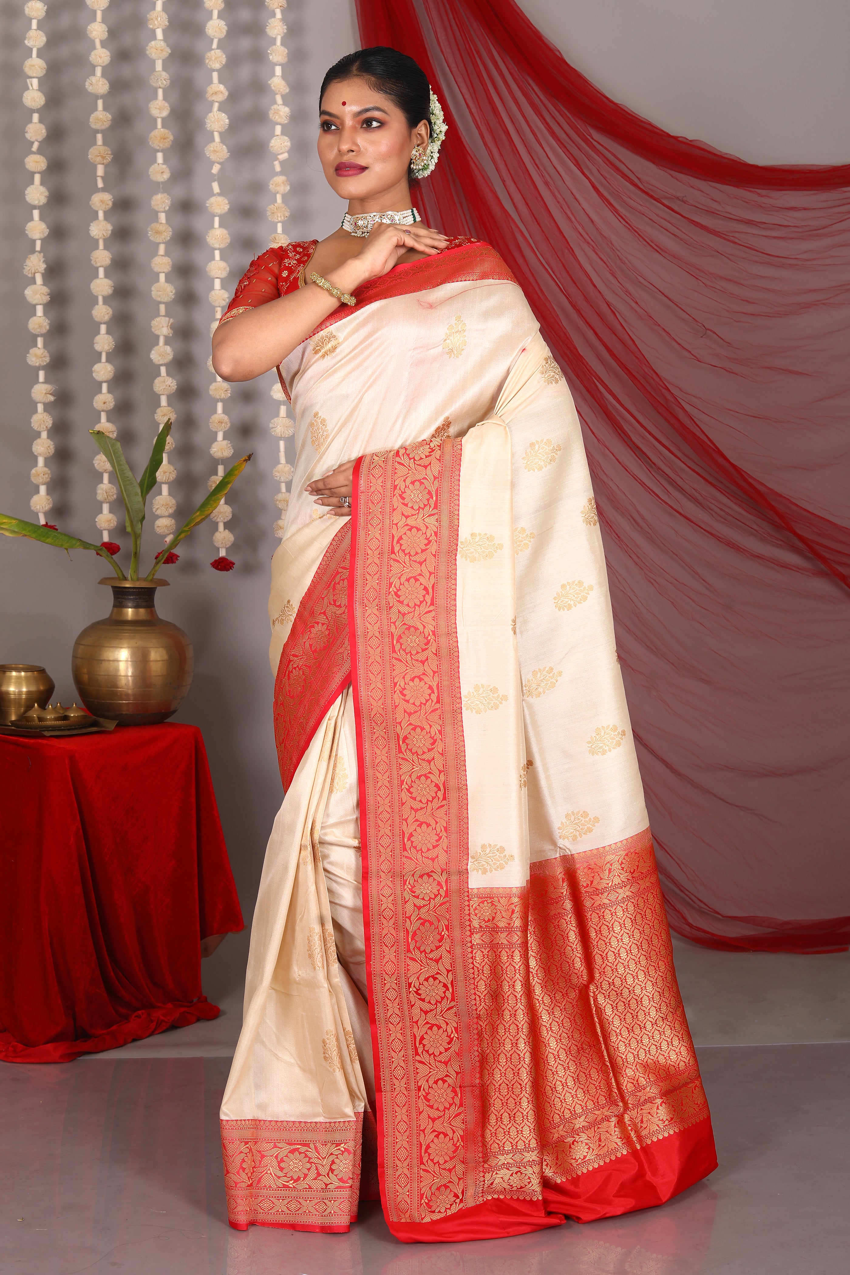 Beige Pure Katan Saree - Keya Seth Exclusive