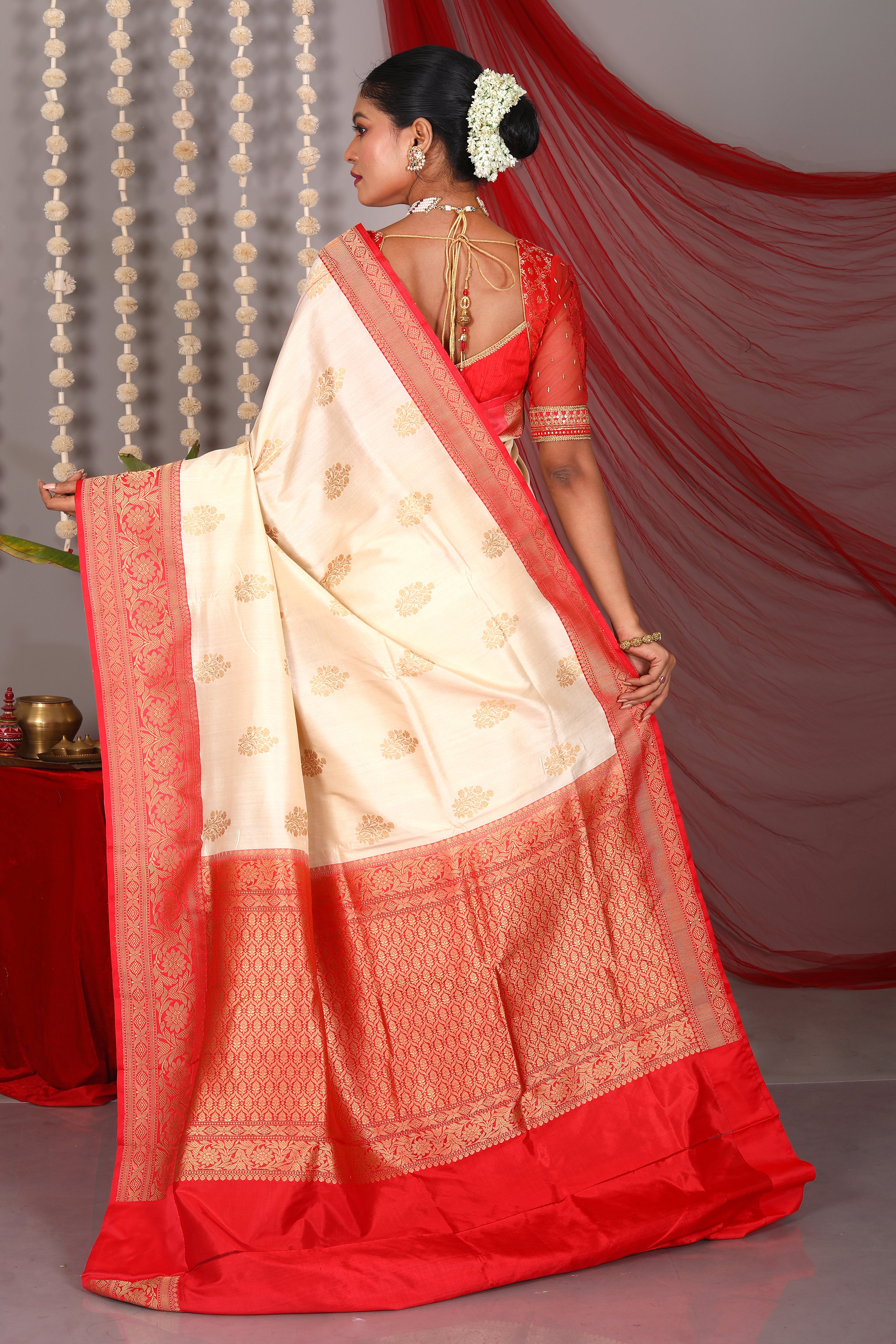 Beige Pure Katan Saree - Keya Seth Exclusive