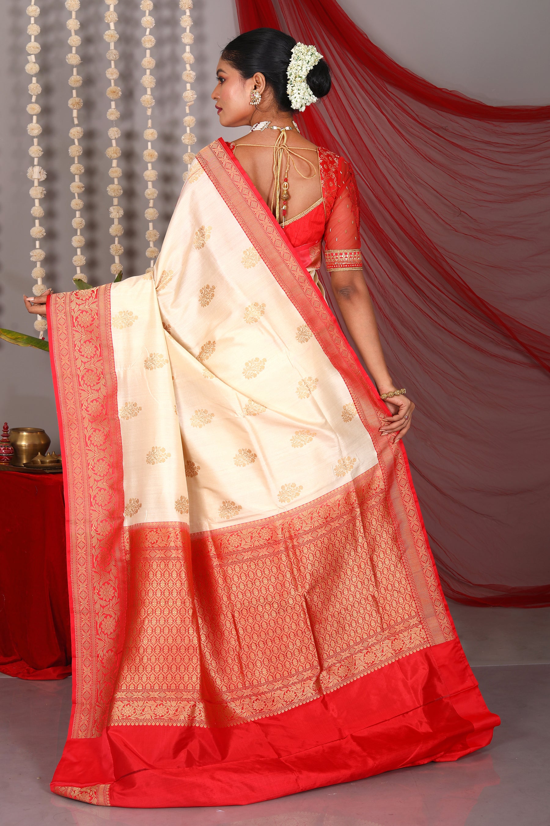 Beige Pure Katan Saree - Keya Seth Exclusive