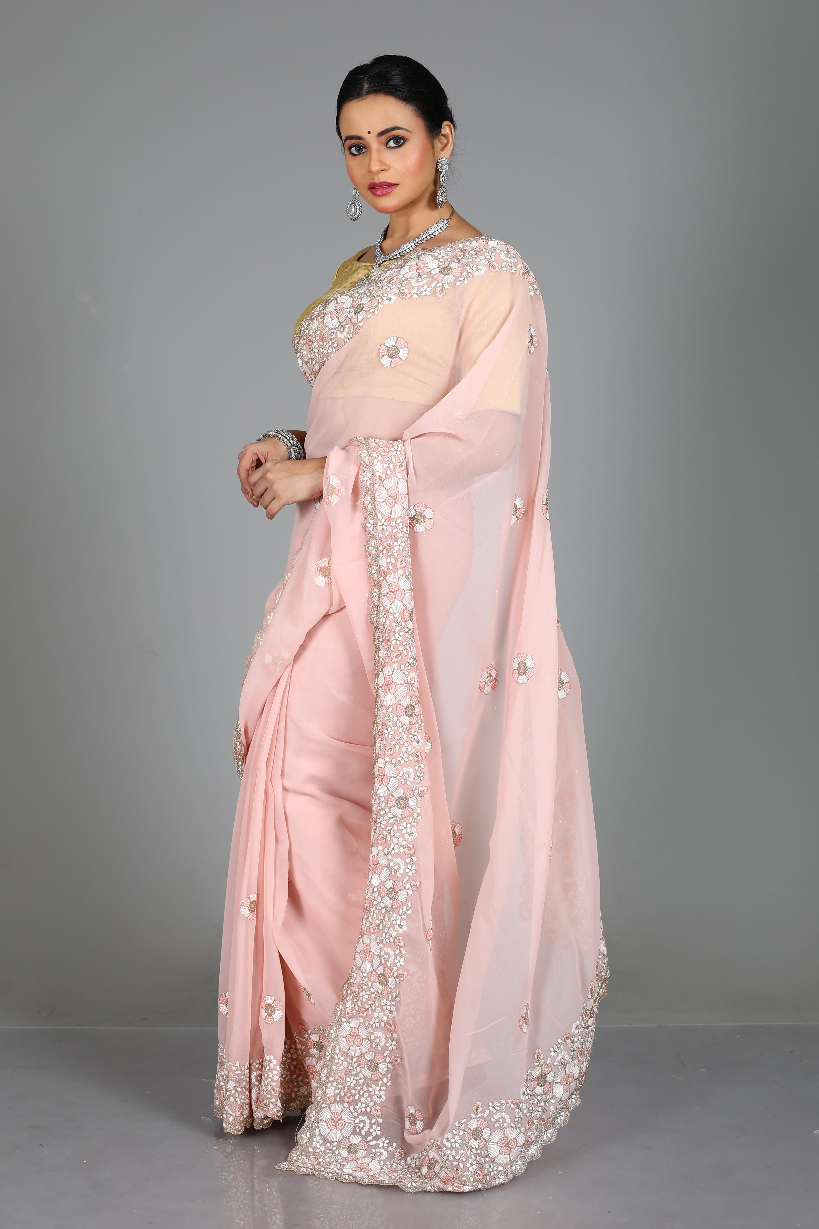 Peach Blended Georgette Saree