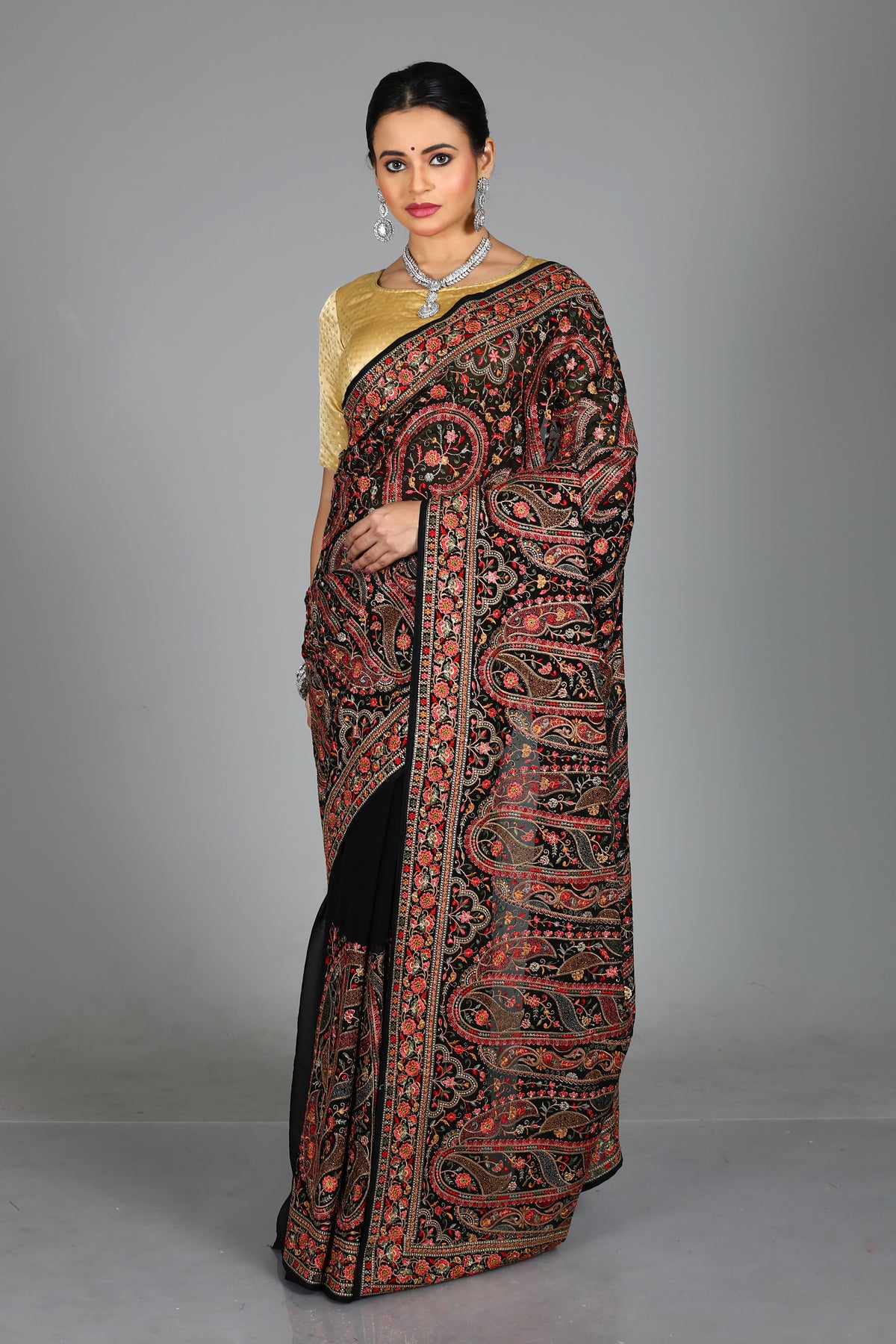 Black Blended Georgette Saree with Threadwork