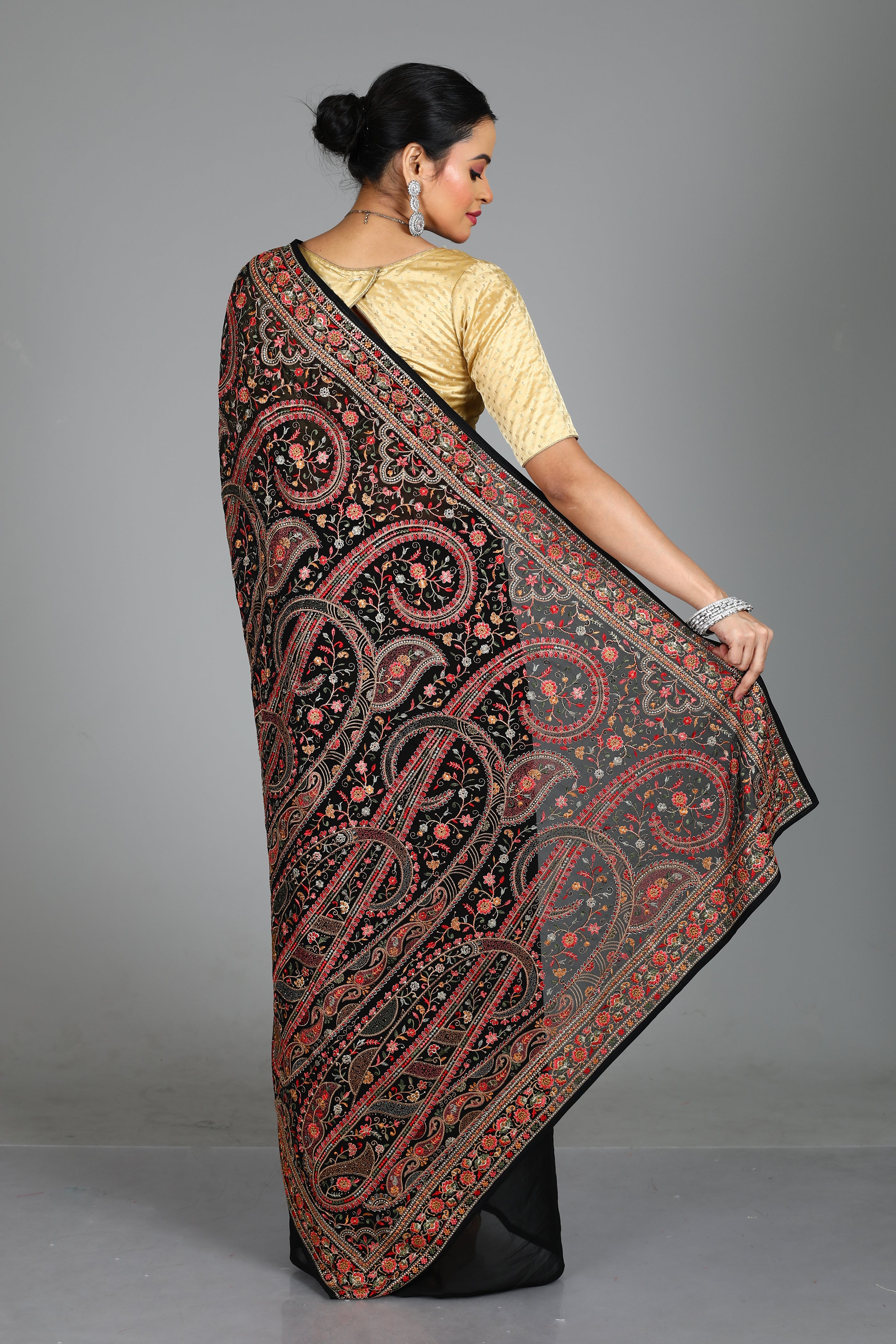 Black Blended Georgette Saree with Threadwork