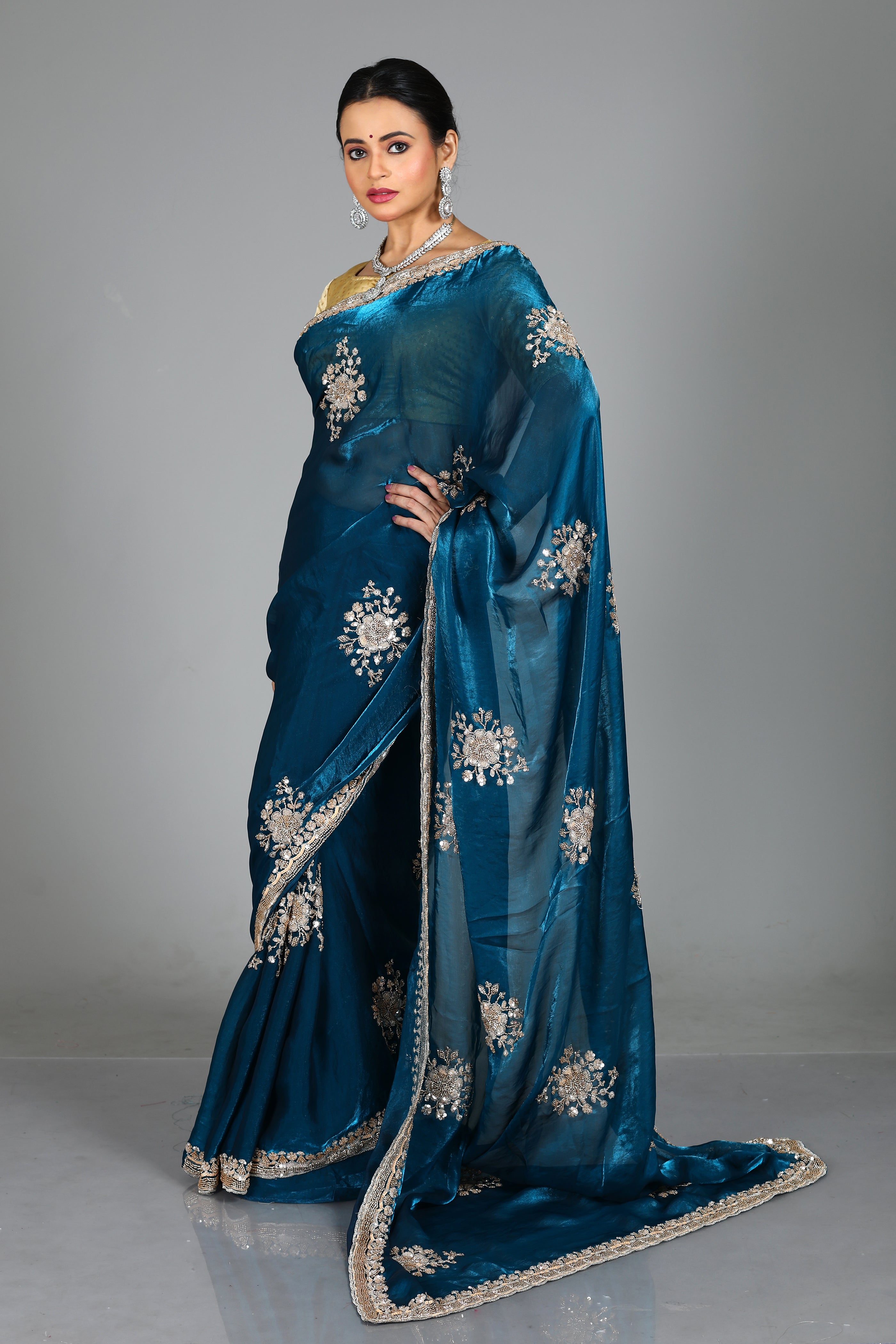 Blue Blended Georgette Saree