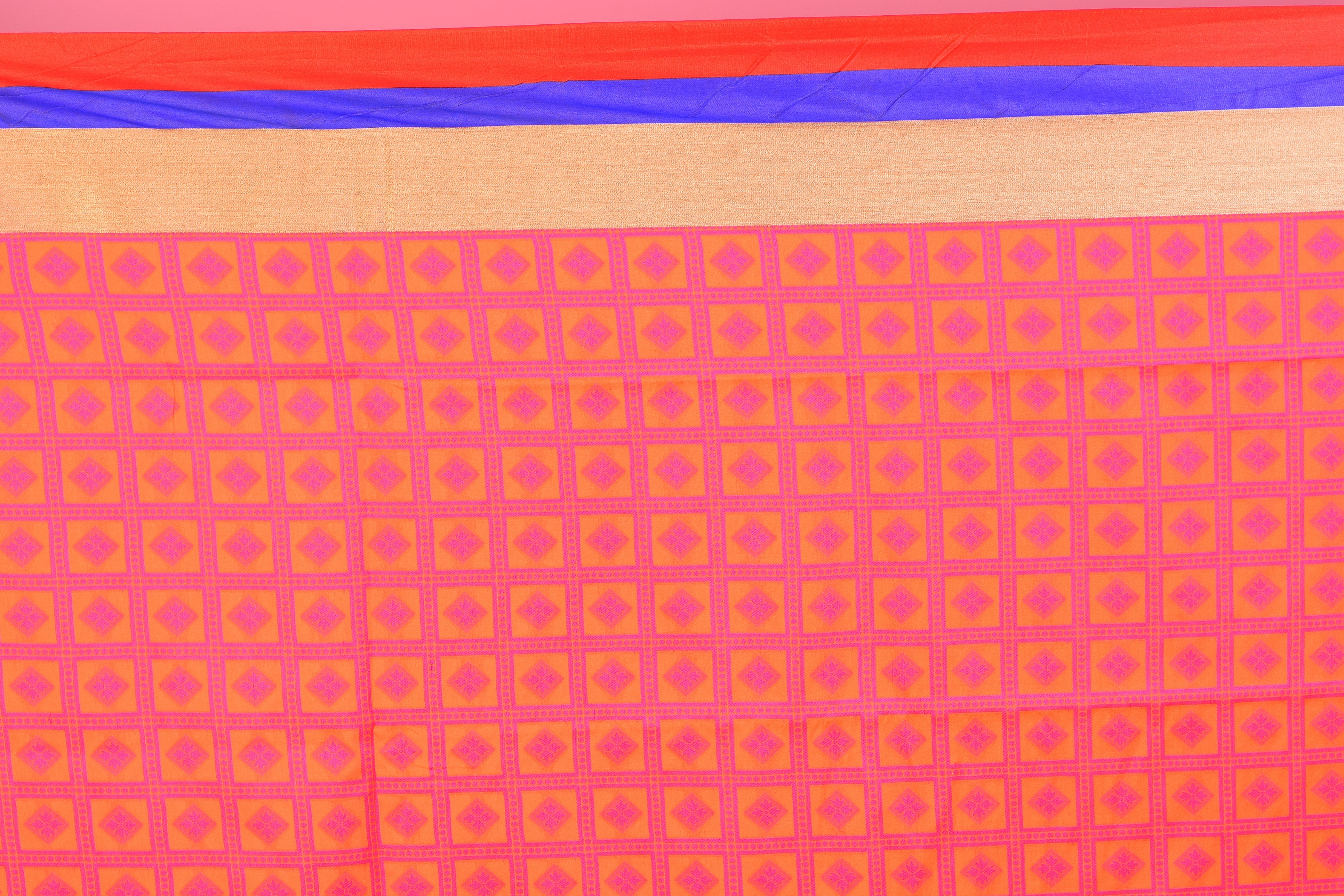 Orange Blended Silk Saree with Red and Blue Borders - Keya Seth Exclusive