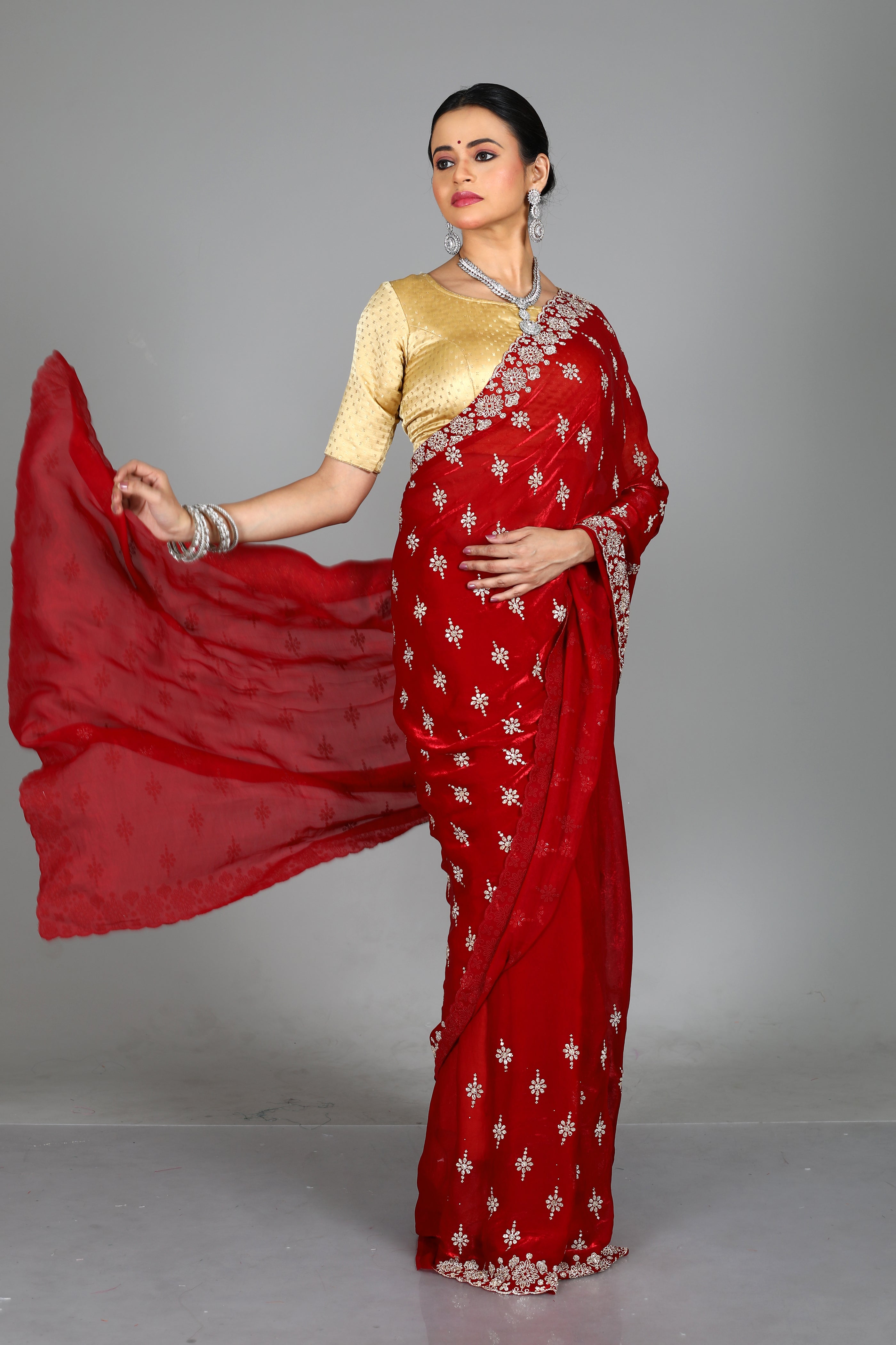 Red Blended Georgette Saree