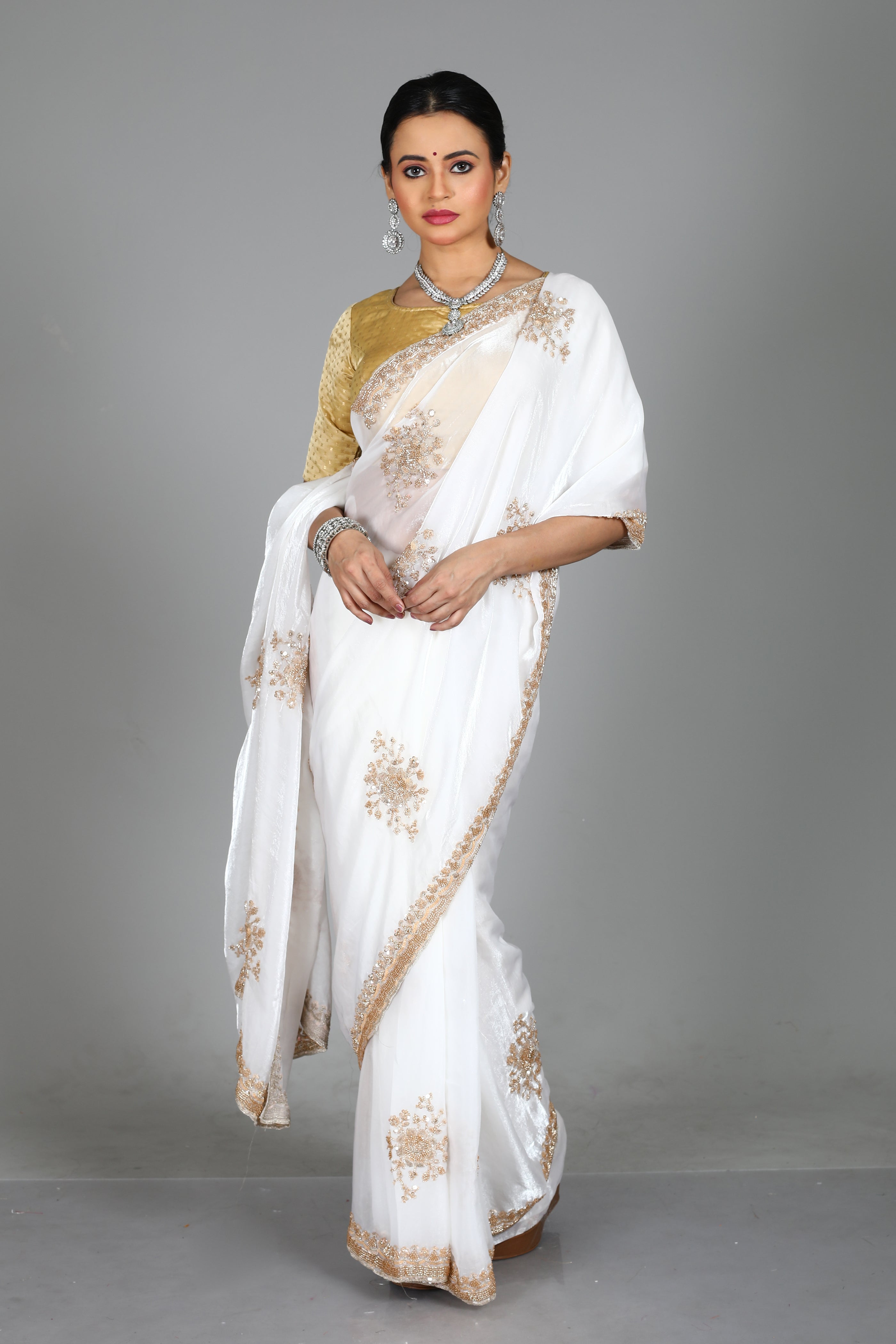 White Blended Georgette Saree