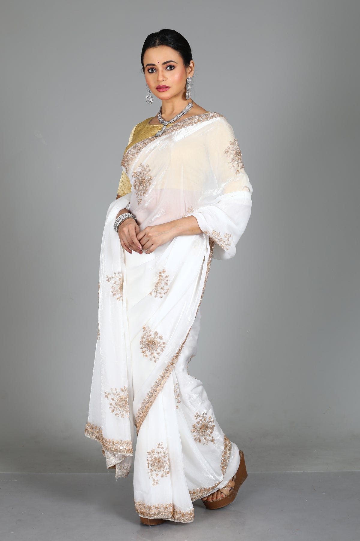 White Blended Georgette Saree