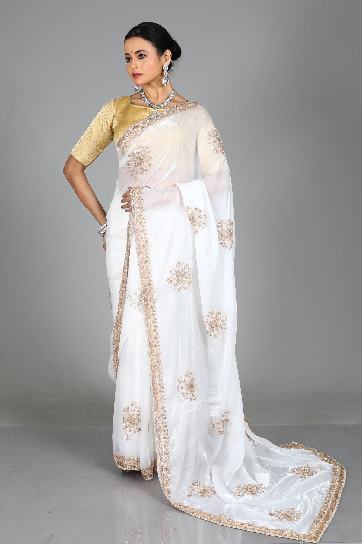 White Blended Georgette Saree