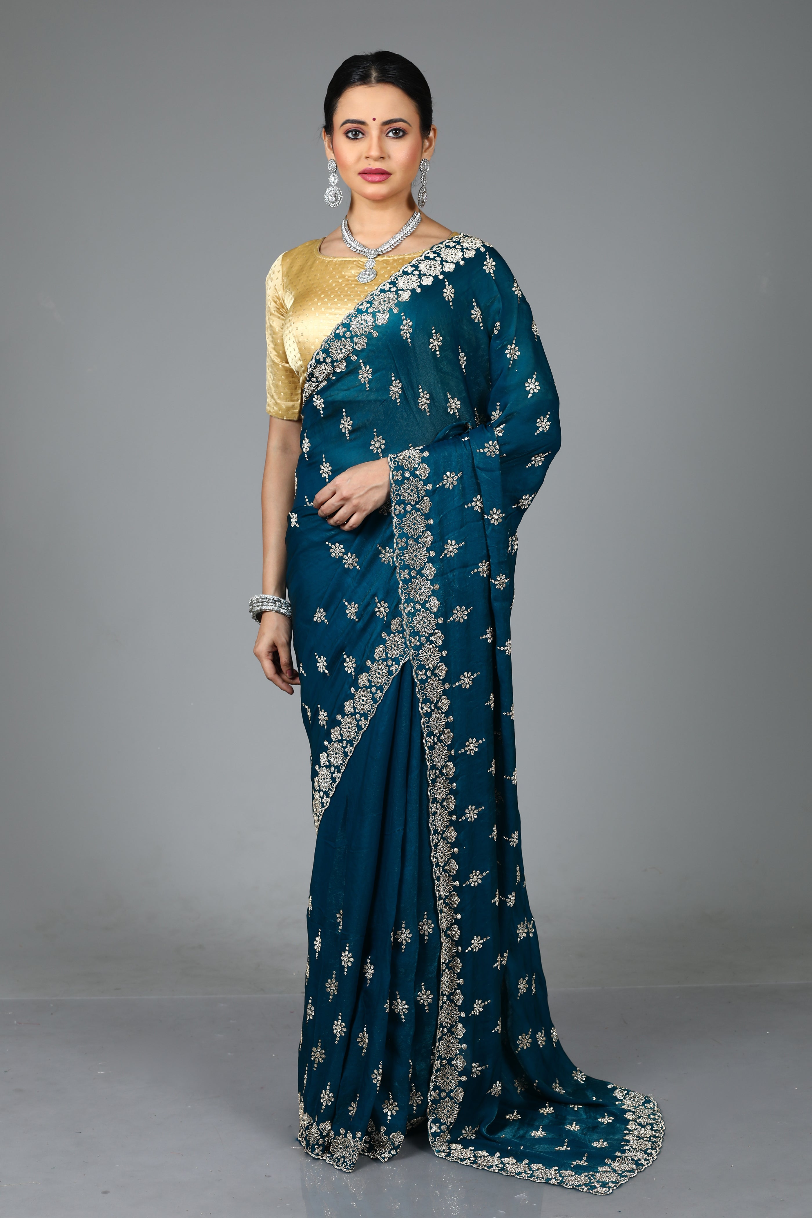 Sea Green Blended Georgette Saree
