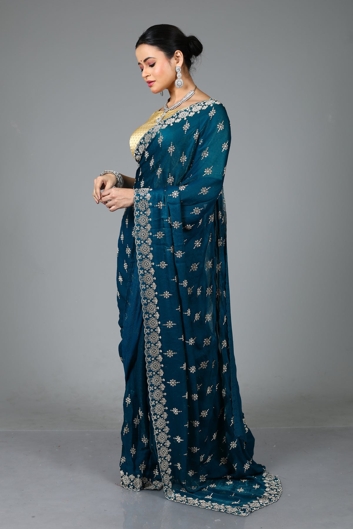 Sea Green Blended Georgette Saree