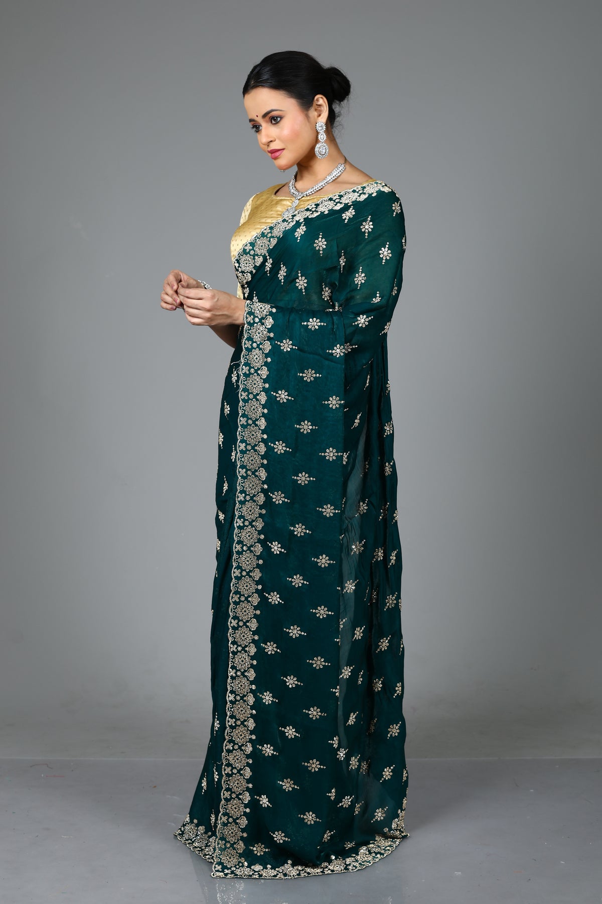 Bottle Green Blended Georgette Saree