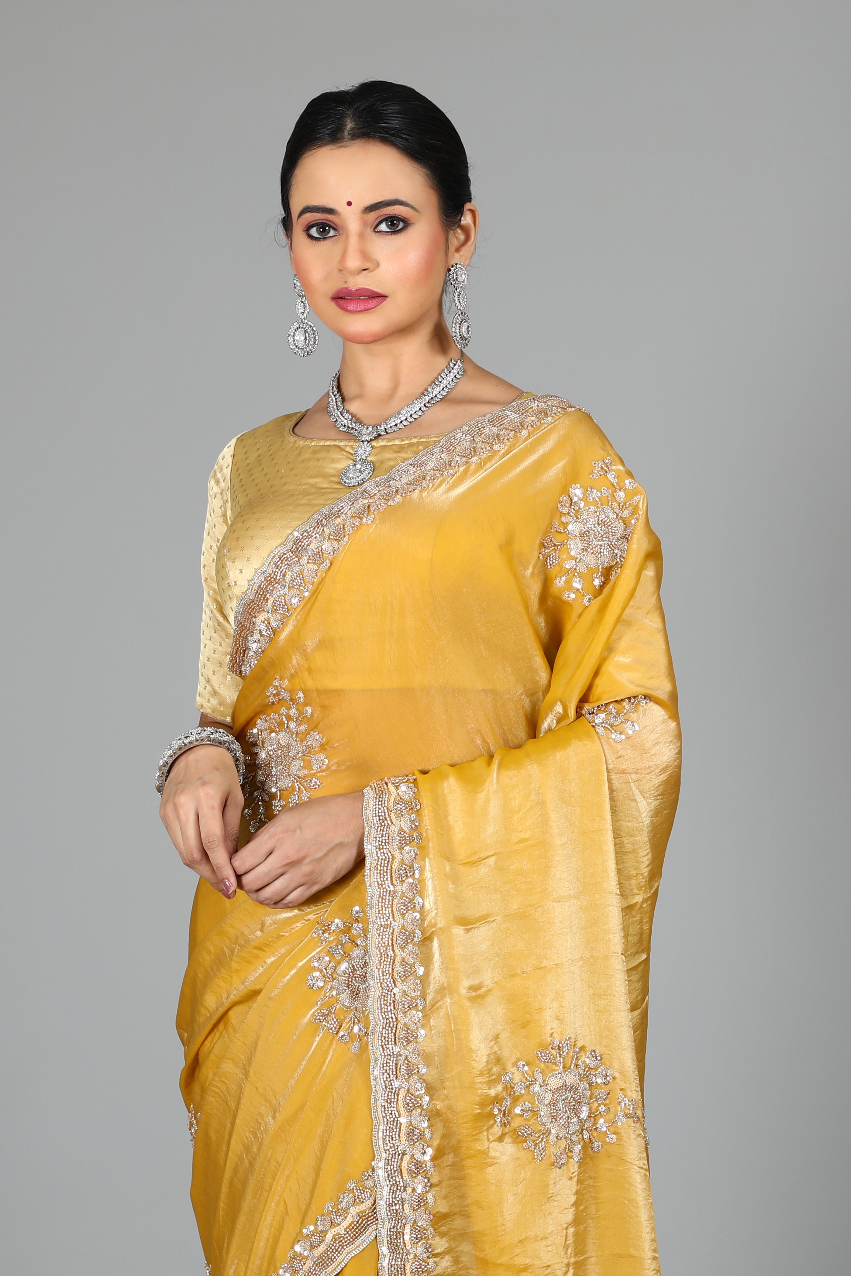 Light Yellow Blended Georgette Saree