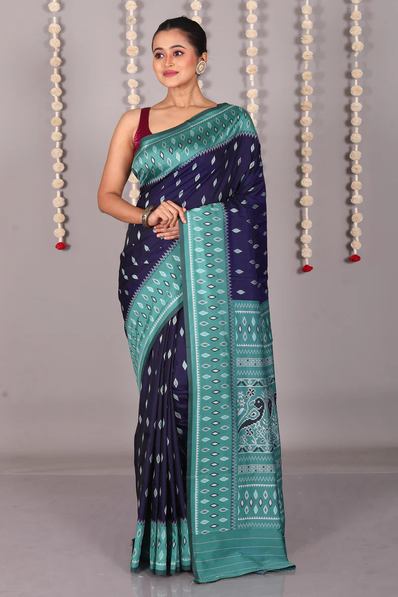 Navy Blue Blended Ikkat Silk Saree - Keya Seth Exclusive