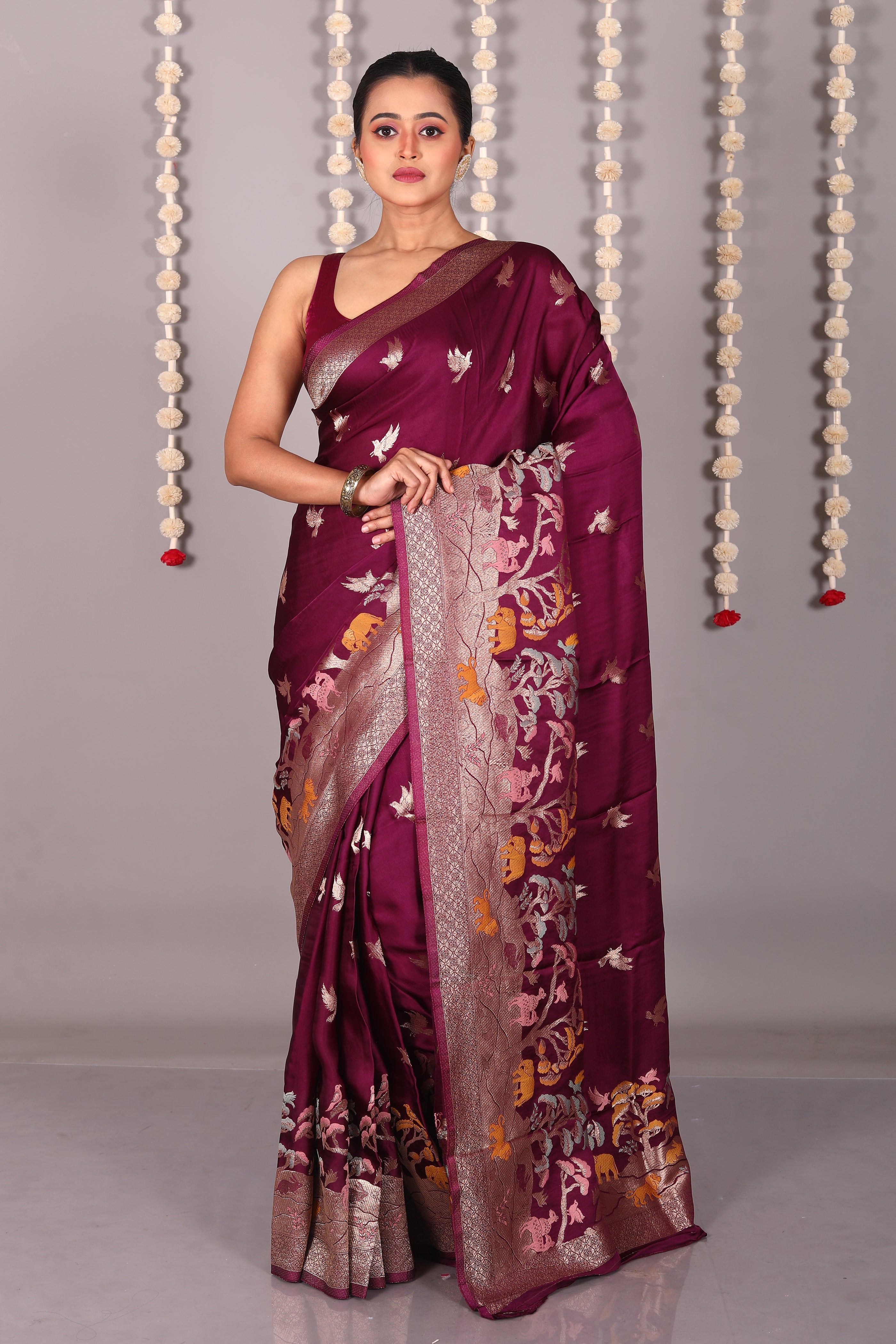 Wine Blended Satin Silk Saree - Keya Seth Exclusive